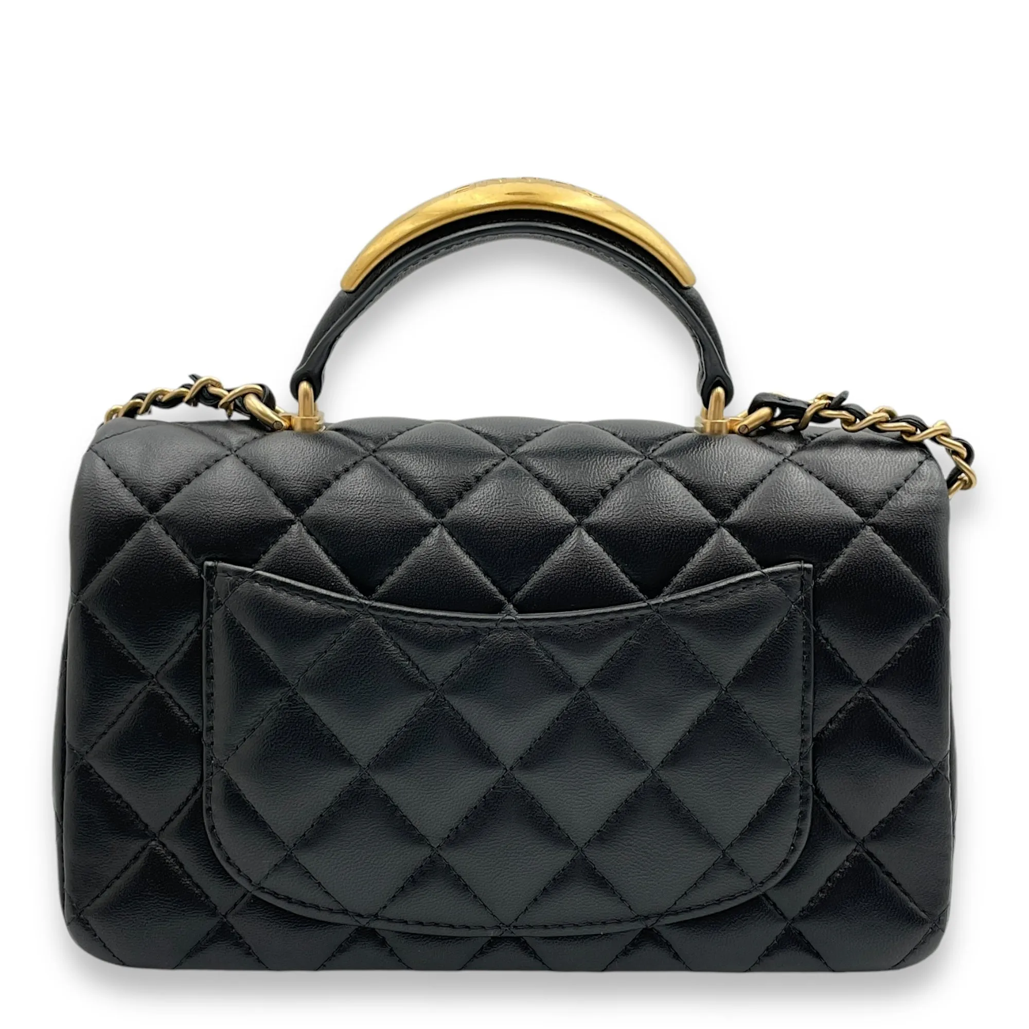 Rectangle with Metal Top Handle Mini Black Crossbody Bag in Lambskin, Gold hardware