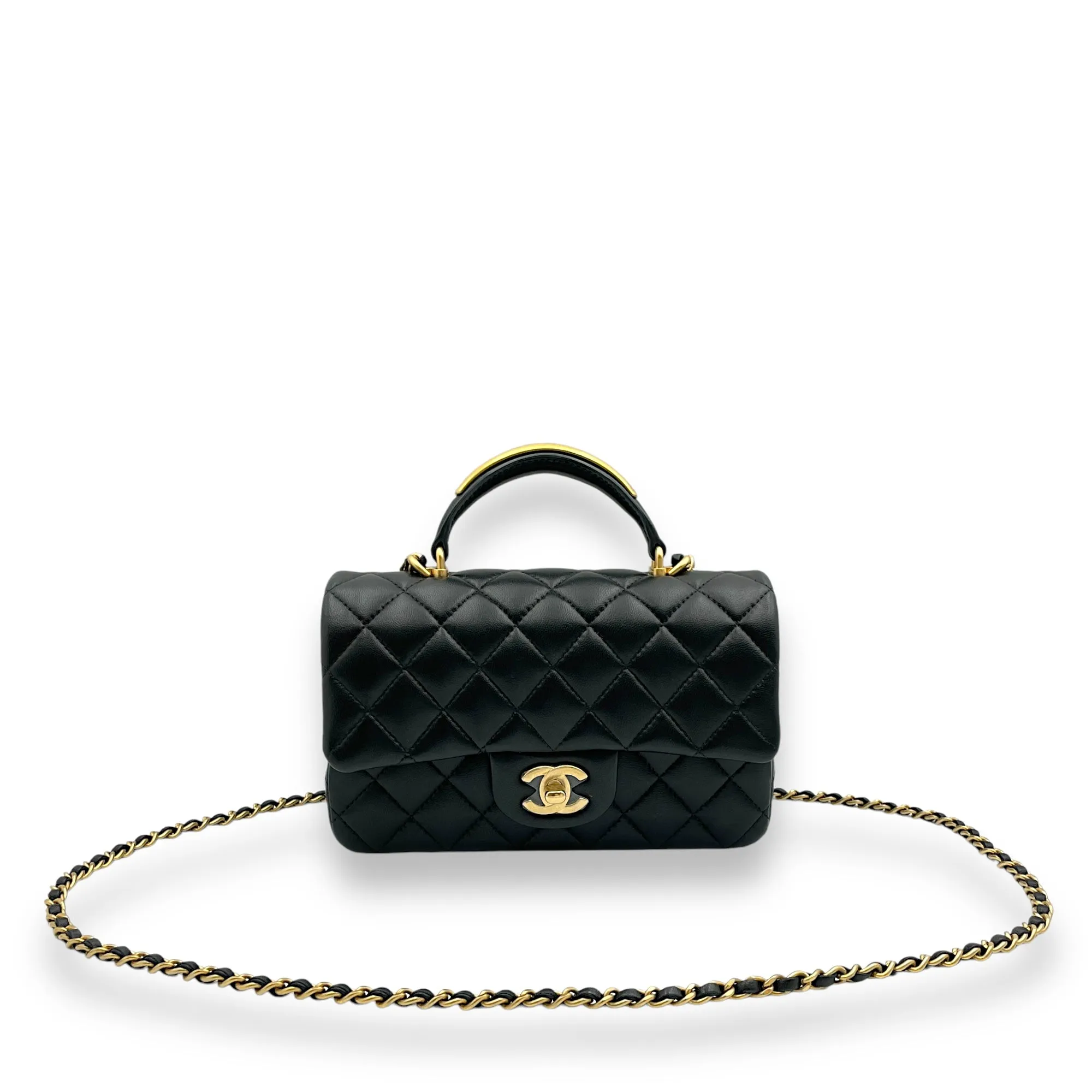 Rectangle with Metal Top Handle Mini Black Crossbody Bag in Lambskin, Gold hardware