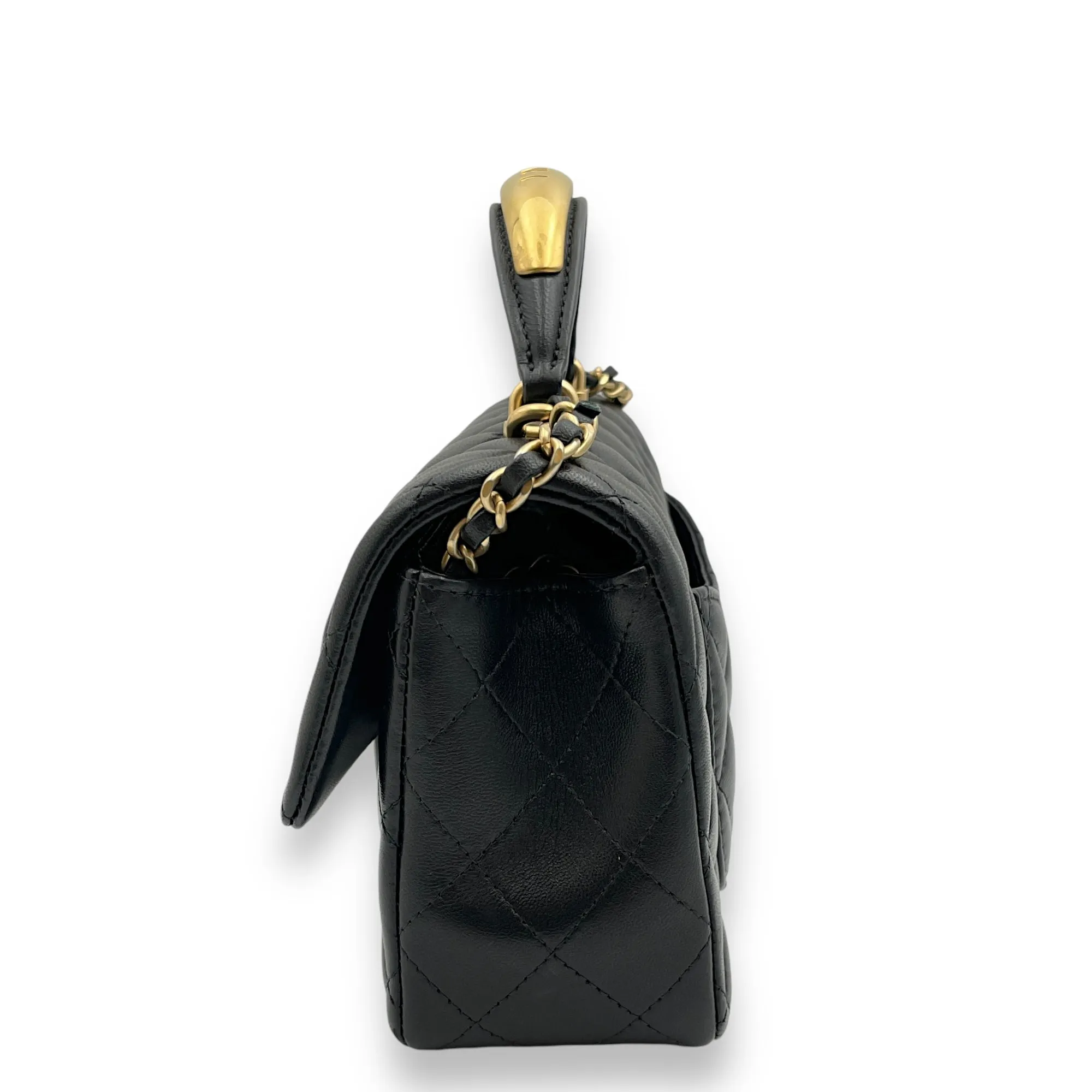Rectangle with Metal Top Handle Mini Black Crossbody Bag in Lambskin, Gold hardware