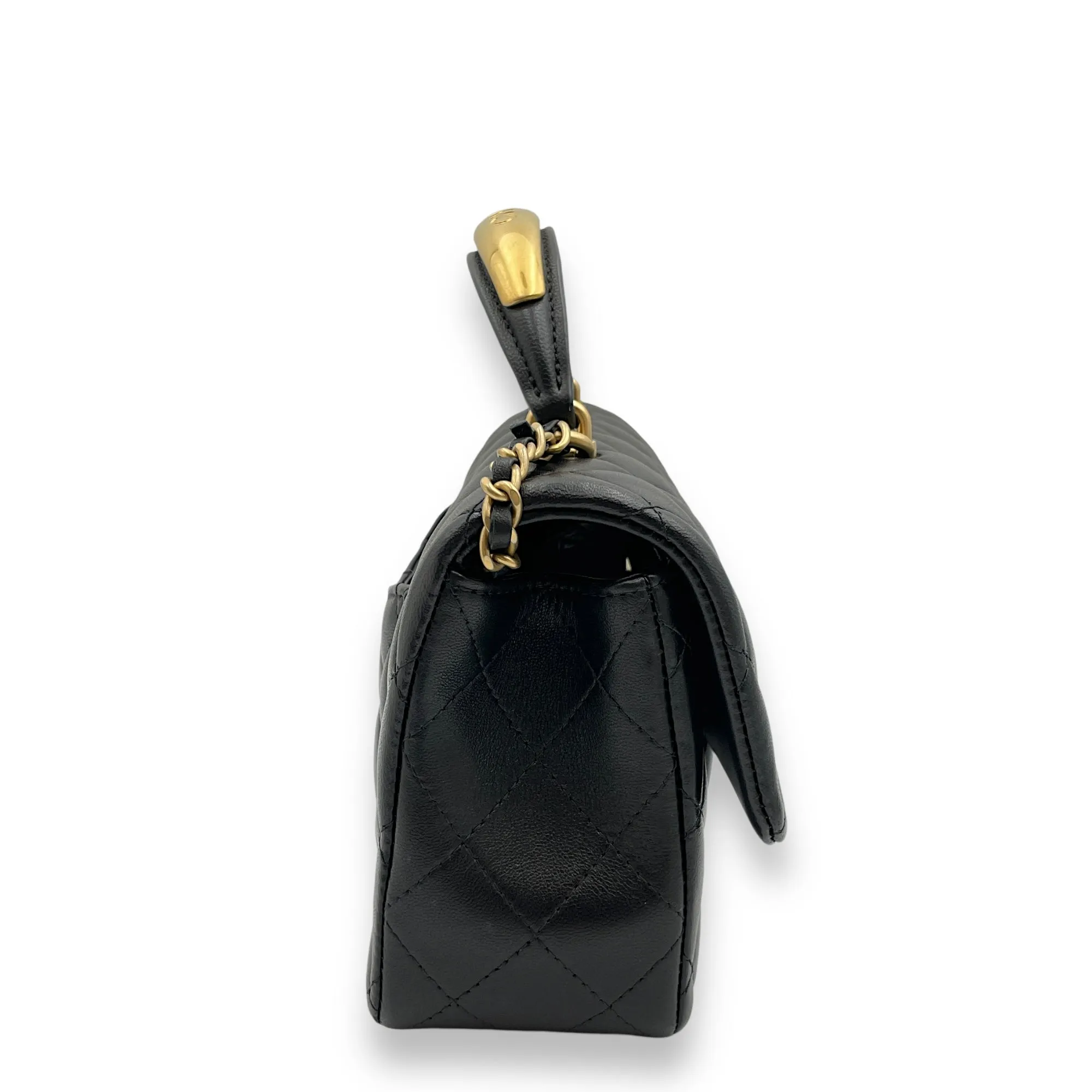 Rectangle with Metal Top Handle Mini Black Crossbody Bag in Lambskin, Gold hardware