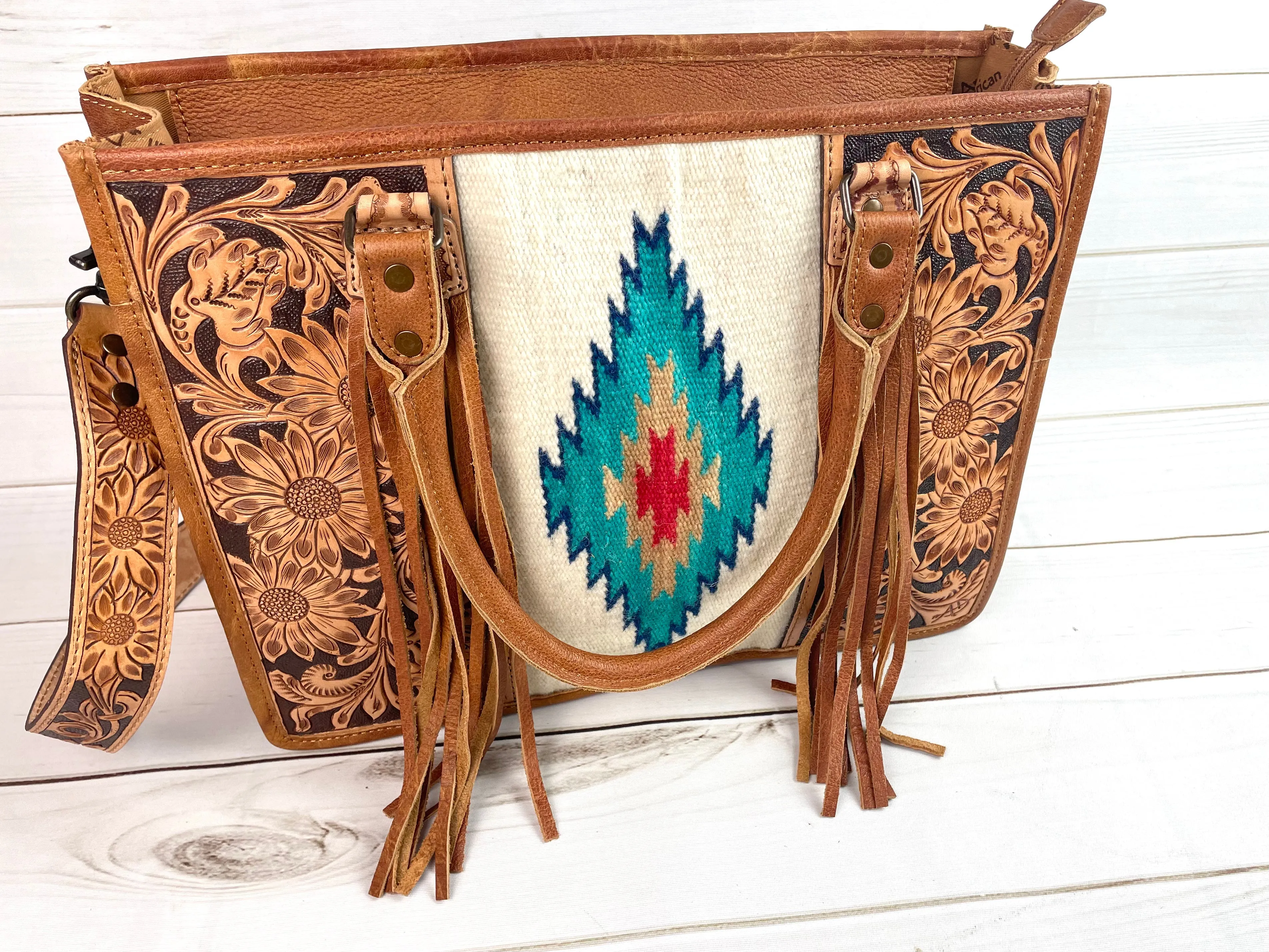 Red & Turquoise Diamond Wool Large Tote with Leather Floral Tooling