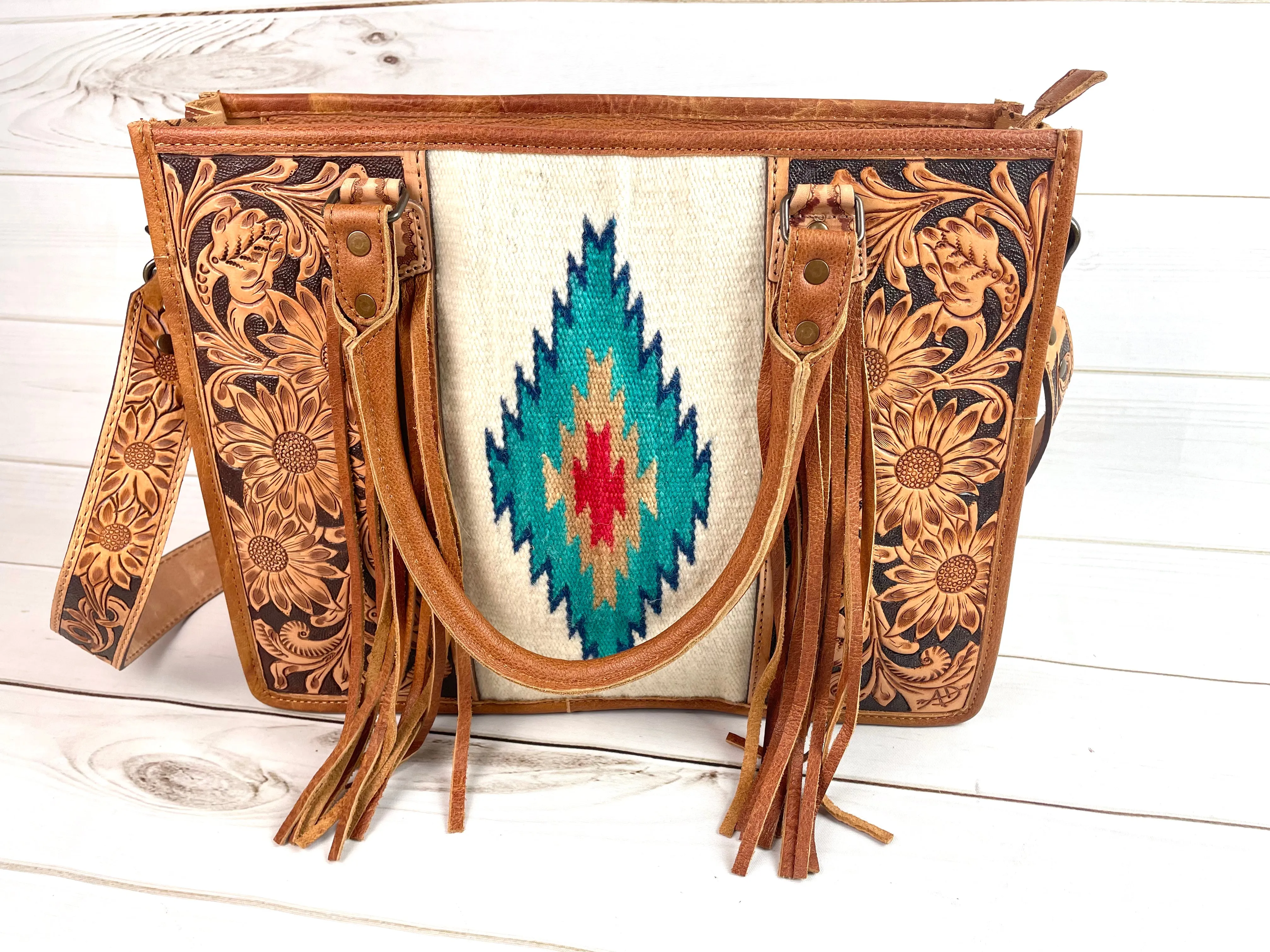 Red & Turquoise Diamond Wool Large Tote with Leather Floral Tooling