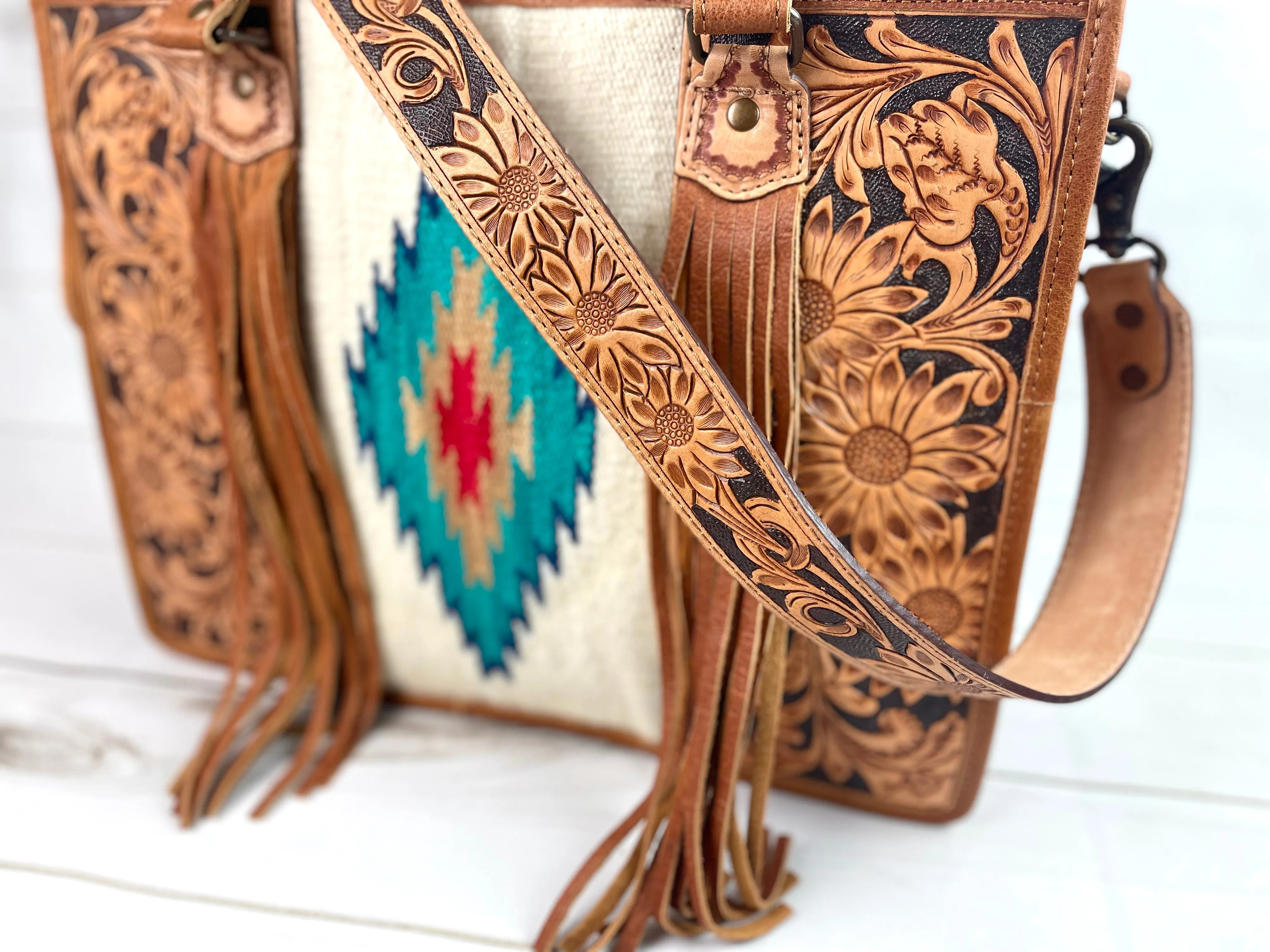 Red & Turquoise Diamond Wool Large Tote with Leather Floral Tooling