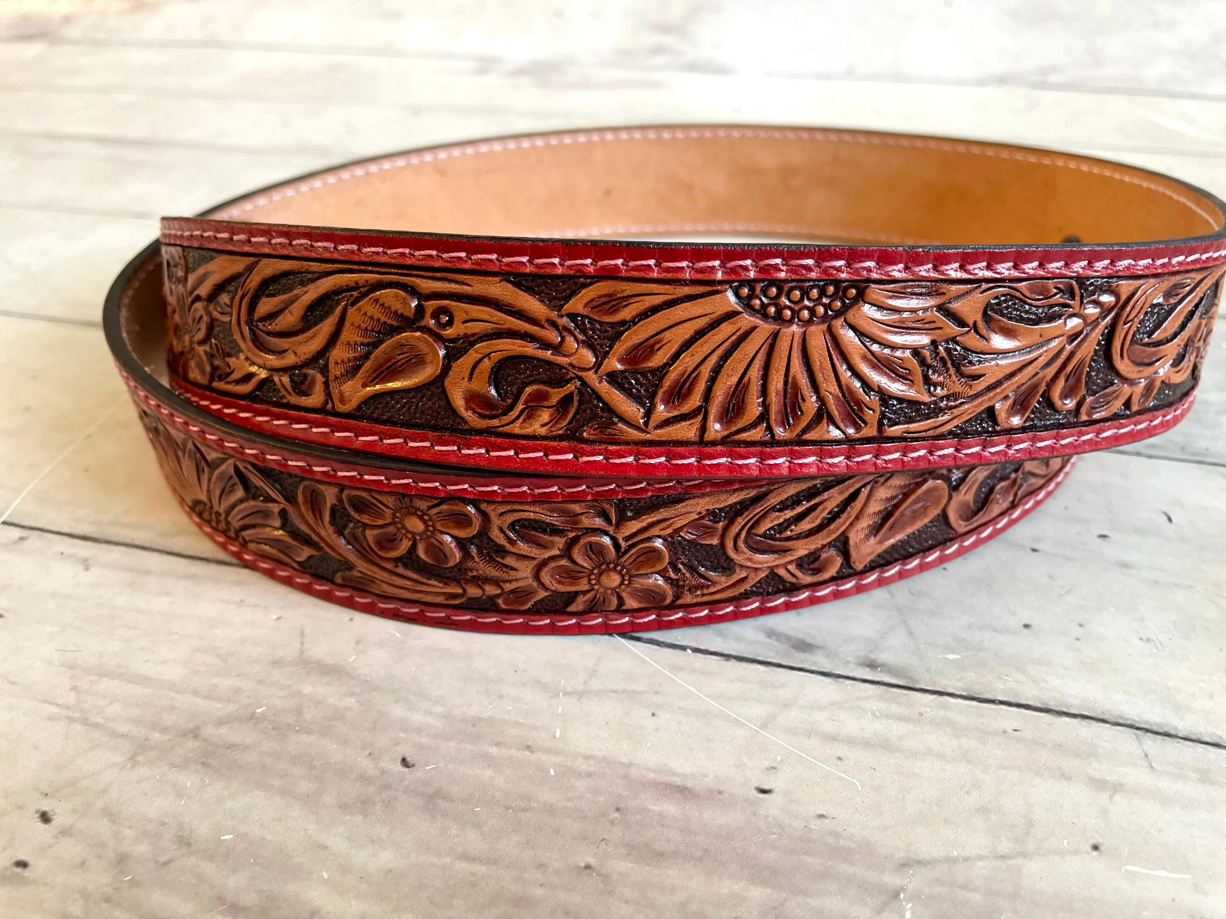 Red Border Sunflower Tooled Leather Handbag Strap