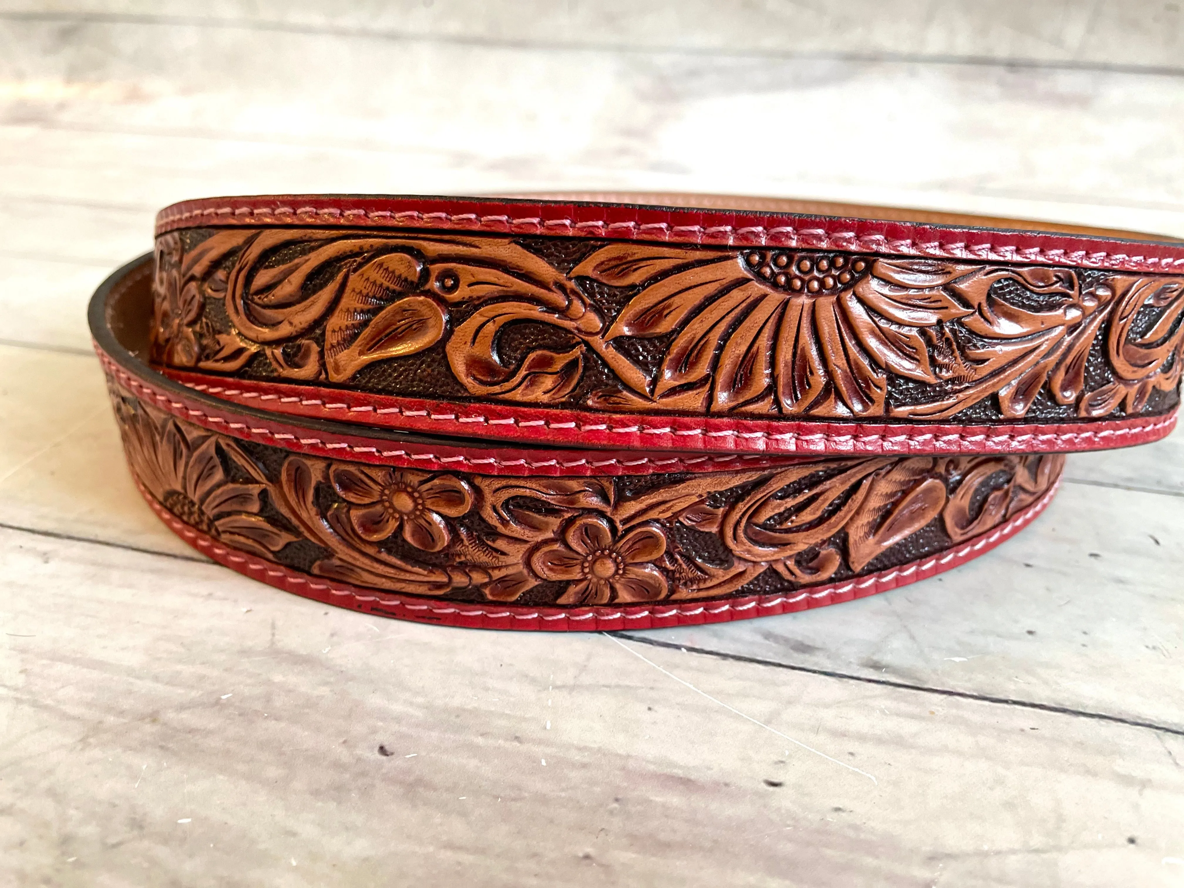 Red Border Sunflower Tooled Leather Handbag Strap