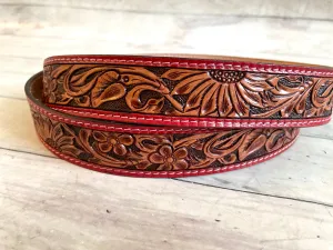 Red Border Sunflower Tooled Leather Handbag Strap
