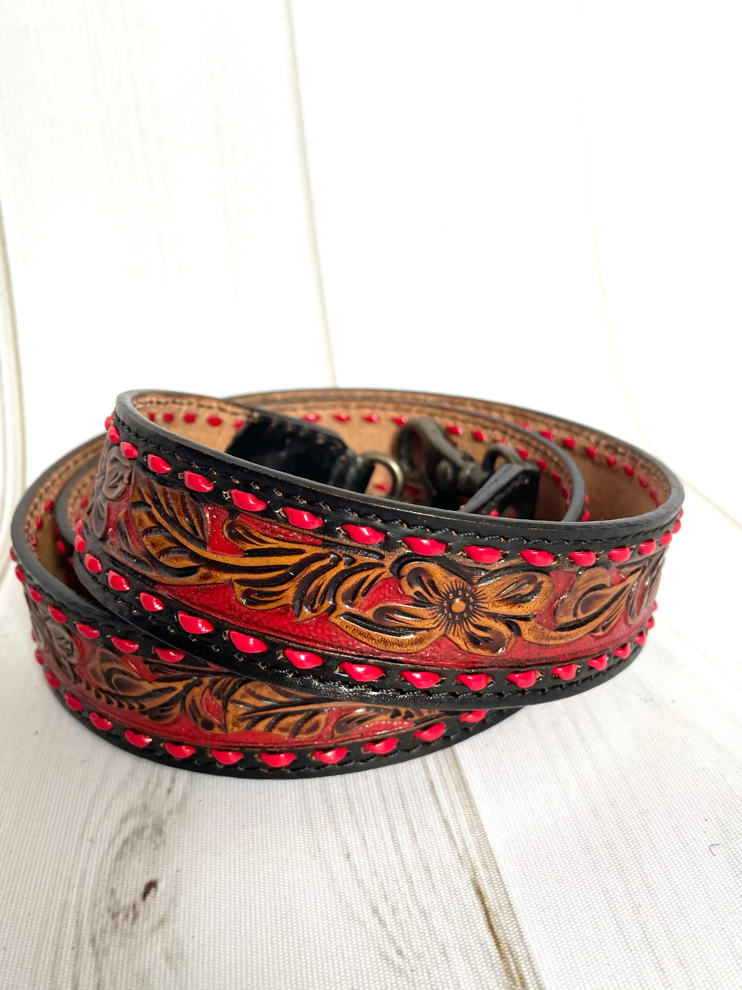 Red Buckstitch Red Painted Floral Tooled Leather Handbag Strap
