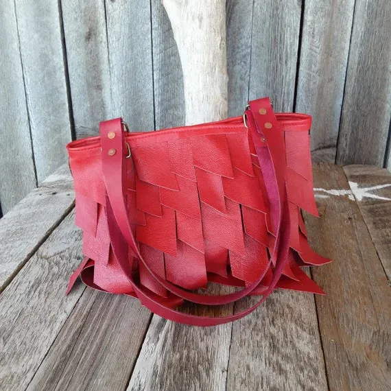 Red Leather Tote Bag with Tassels