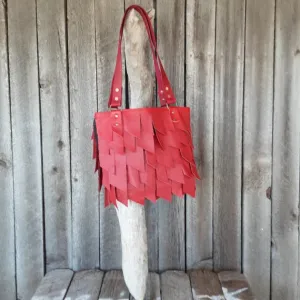Red Leather Tote Bag with Tassels