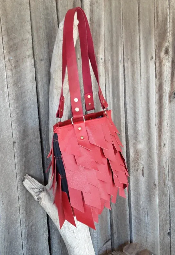 Red Leather Tote Bag with Tassels