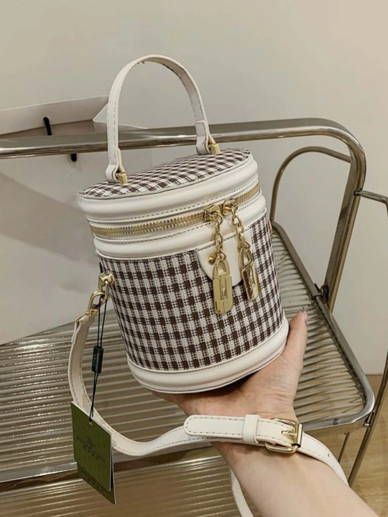 Retro Houndstooth Design Cylinder Bucket Bag - FD ⚡