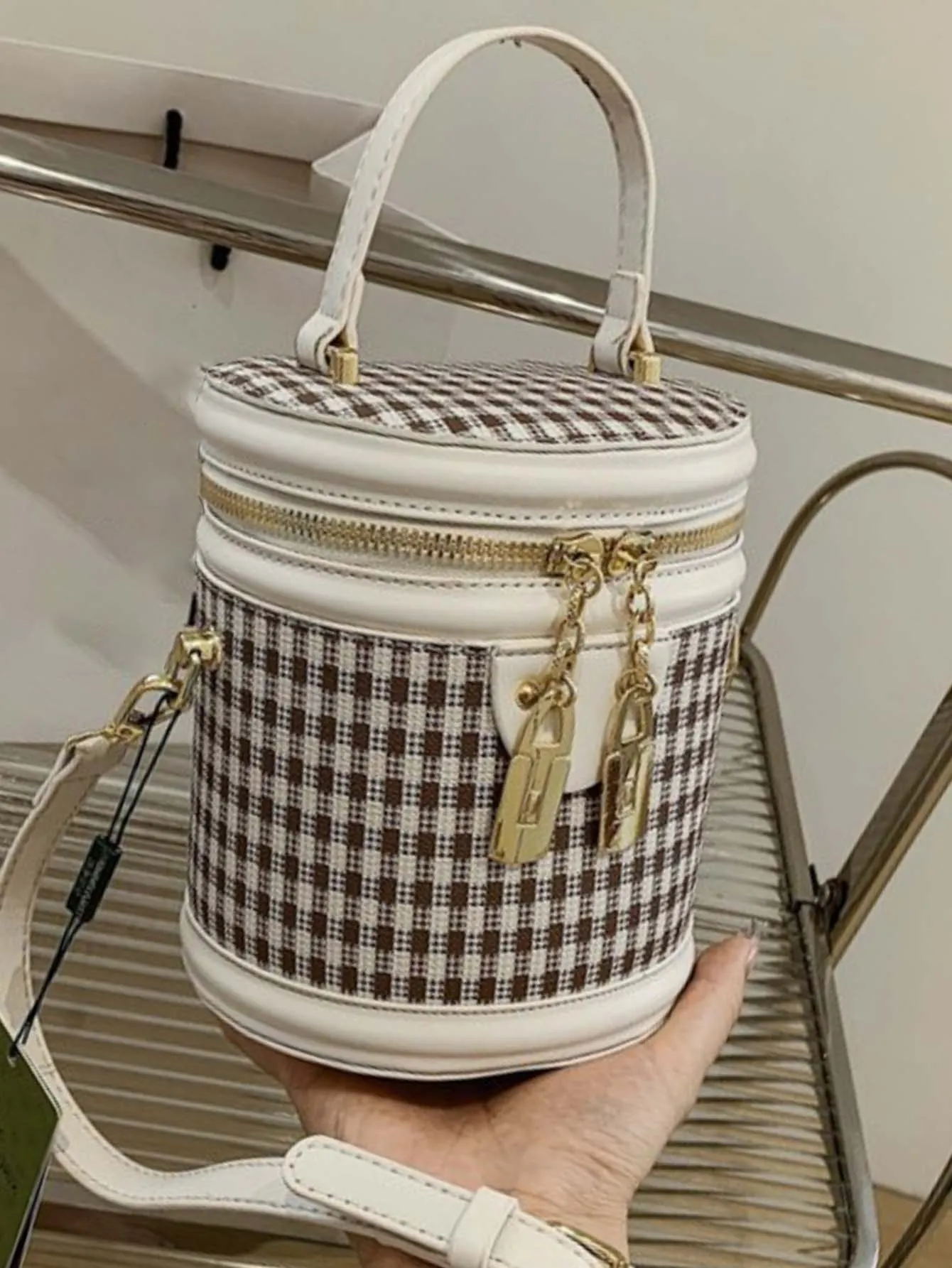 Retro Houndstooth Design Cylinder Bucket Bag - FD ⚡