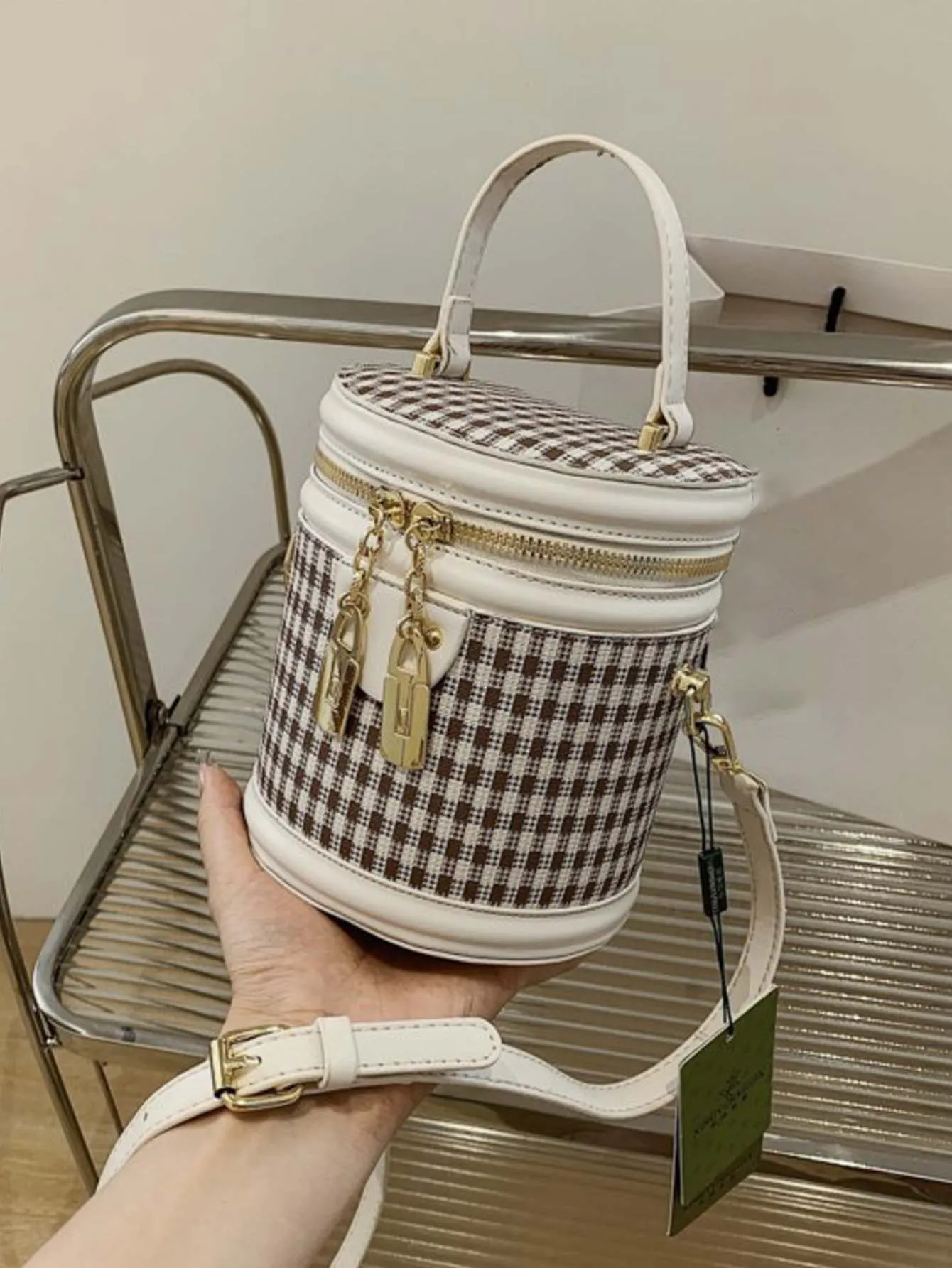 Retro Houndstooth Design Cylinder Bucket Bag - FD ⚡