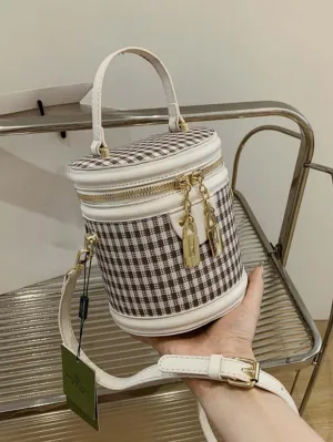 Retro Houndstooth Design Cylinder Bucket Bag - FD ⚡