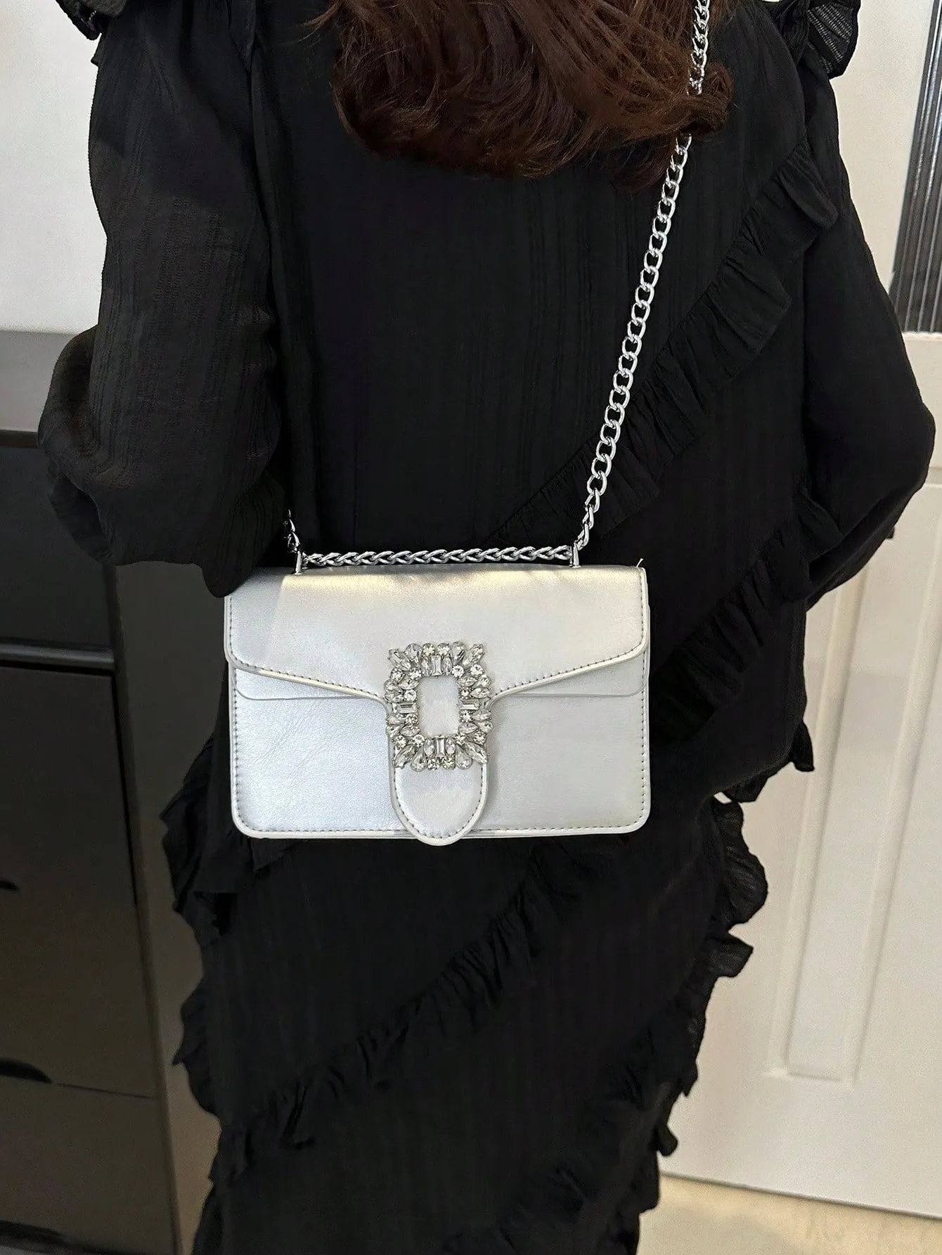 Rhinestone Decor Crossbody Bag - Silver- FD ⚡