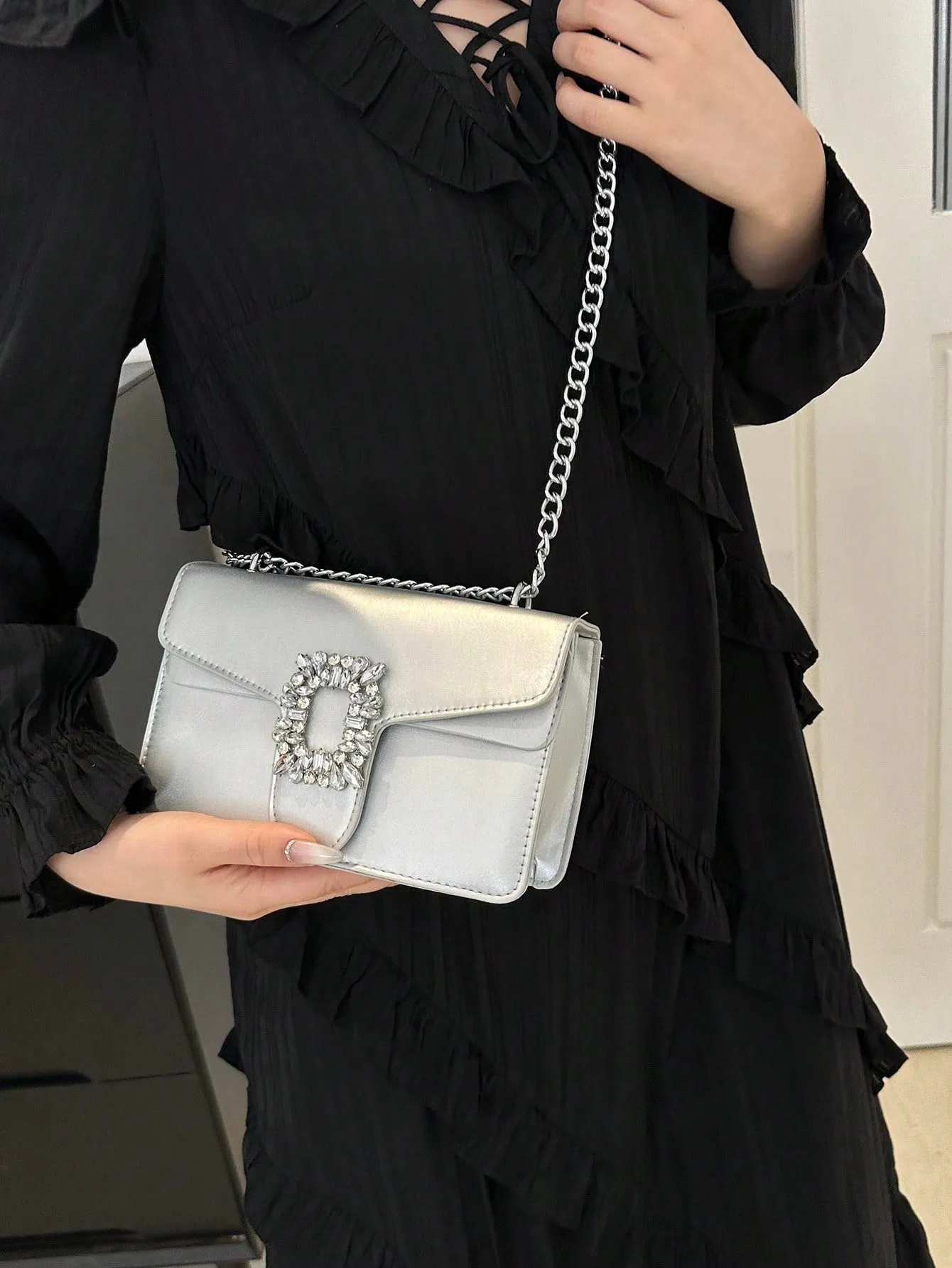 Rhinestone Decor Crossbody Bag - Silver- FD ⚡