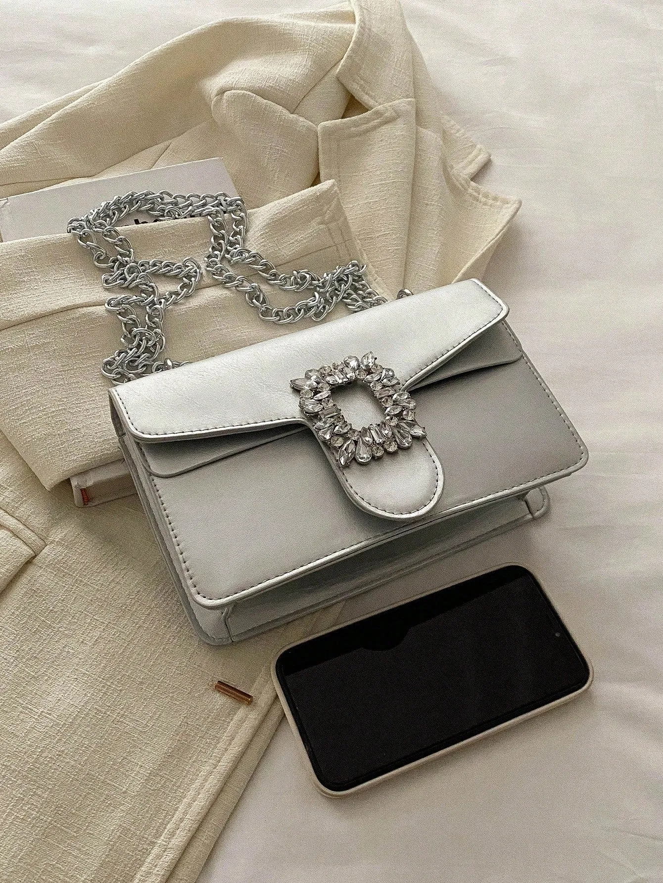 Rhinestone Decor Crossbody Bag - Silver- FD ⚡