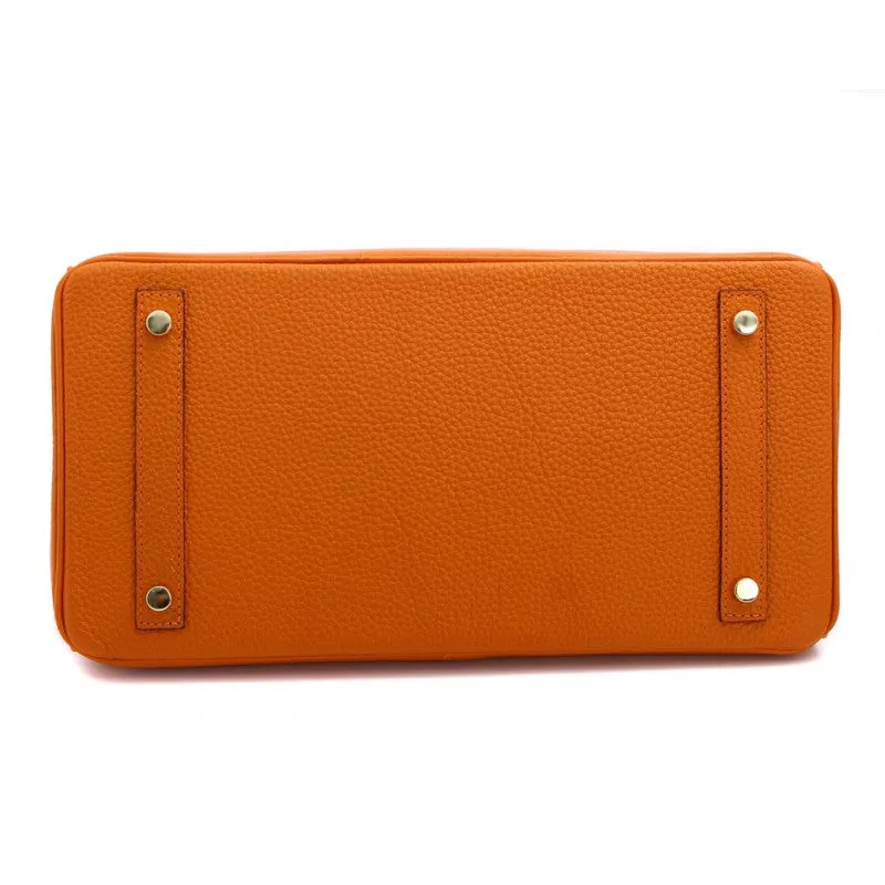 Robyn Authentic Cowhide Leather Top Handle Bag with Padlock - Orange