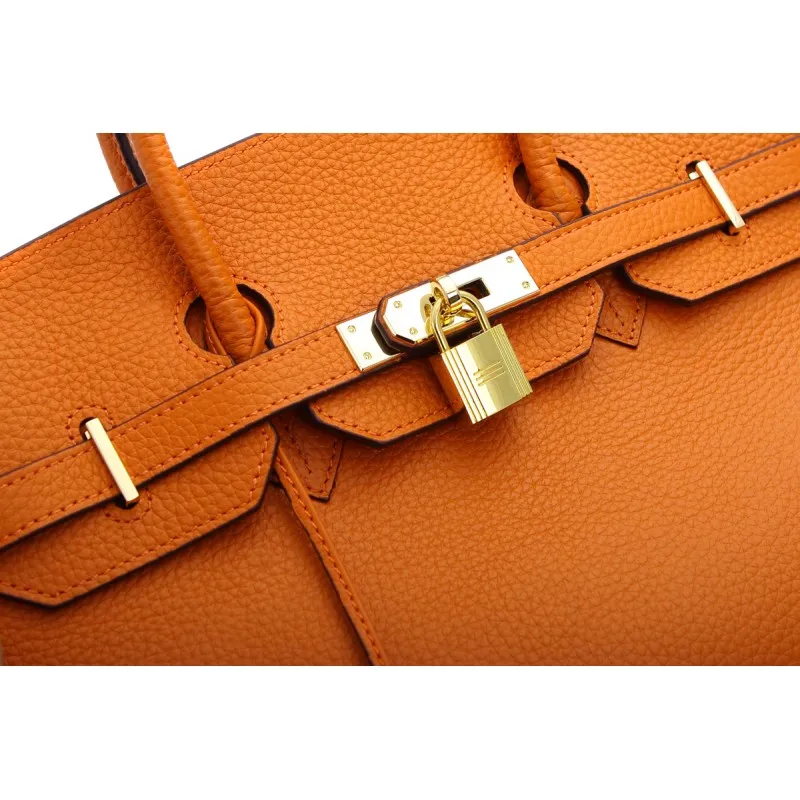 Robyn Authentic Cowhide Leather Top Handle Bag with Padlock - Orange