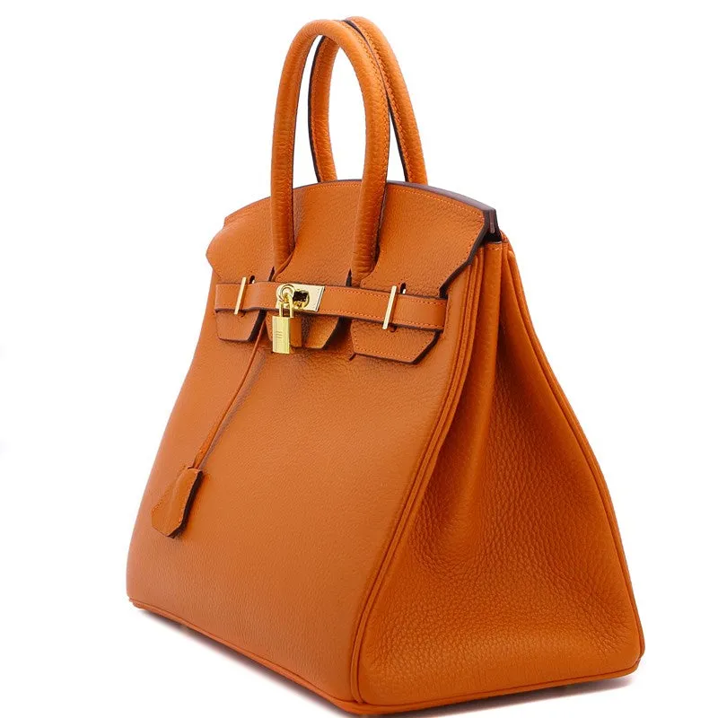 Robyn Authentic Cowhide Leather Top Handle Bag with Padlock - Orange