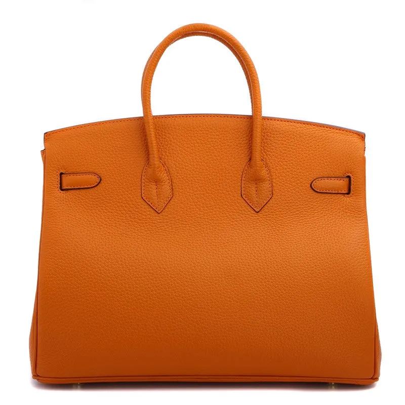 Robyn Authentic Cowhide Leather Top Handle Bag with Padlock - Orange