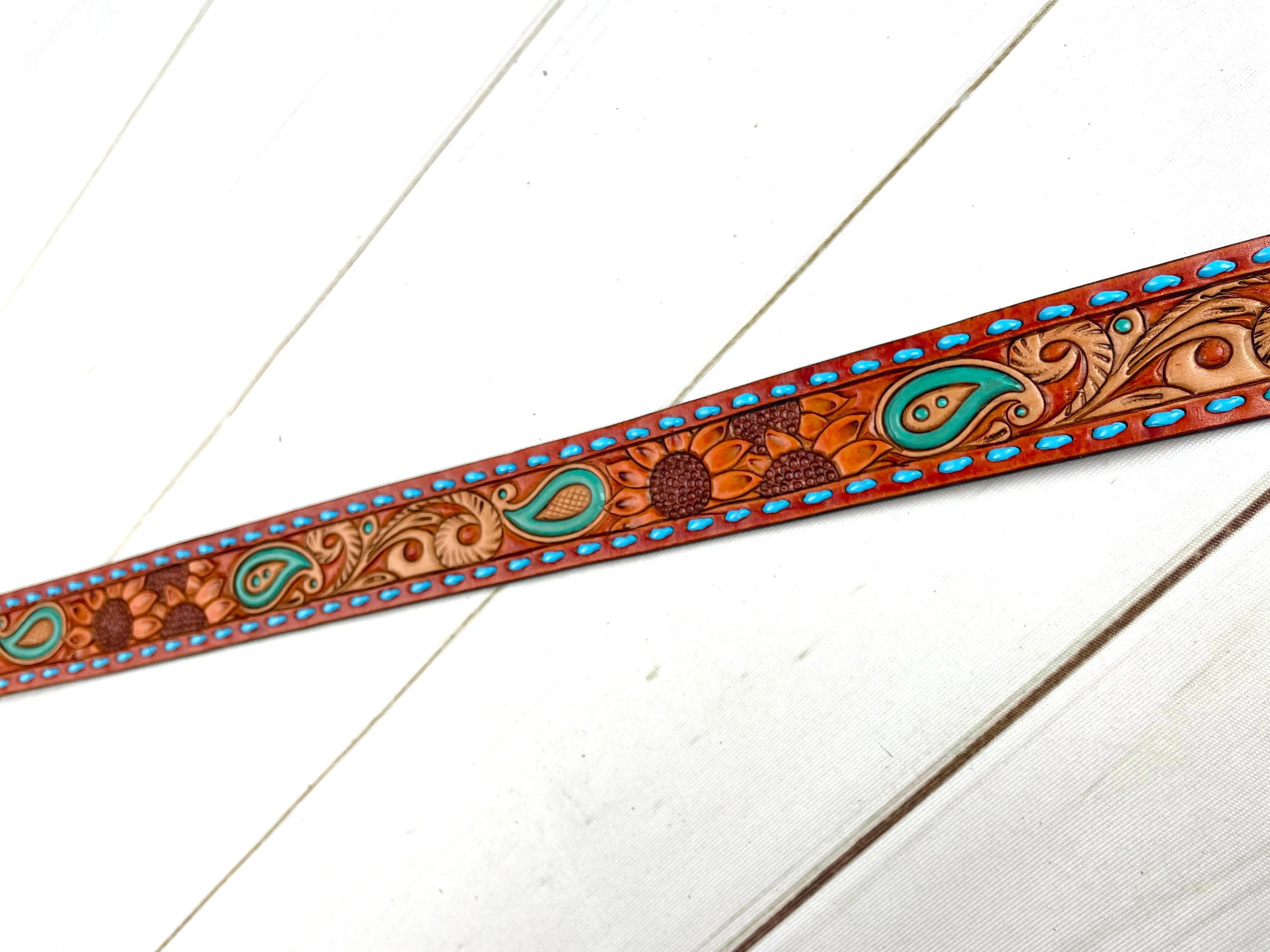 Rust Colored Leather Colorful Floral & Paisley Buckstitch Handbag Strap