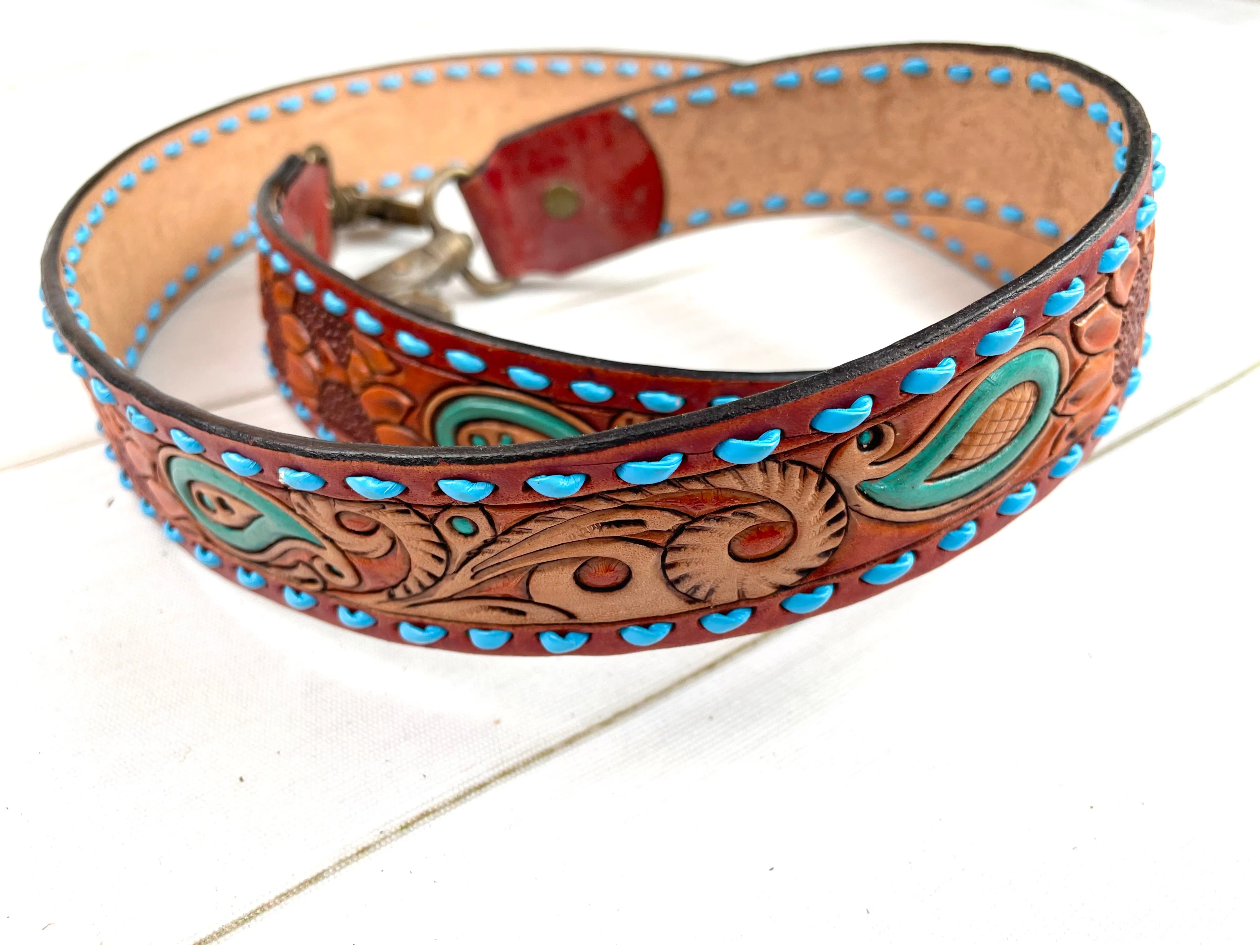 Rust Colored Leather Colorful Floral & Paisley Buckstitch Handbag Strap