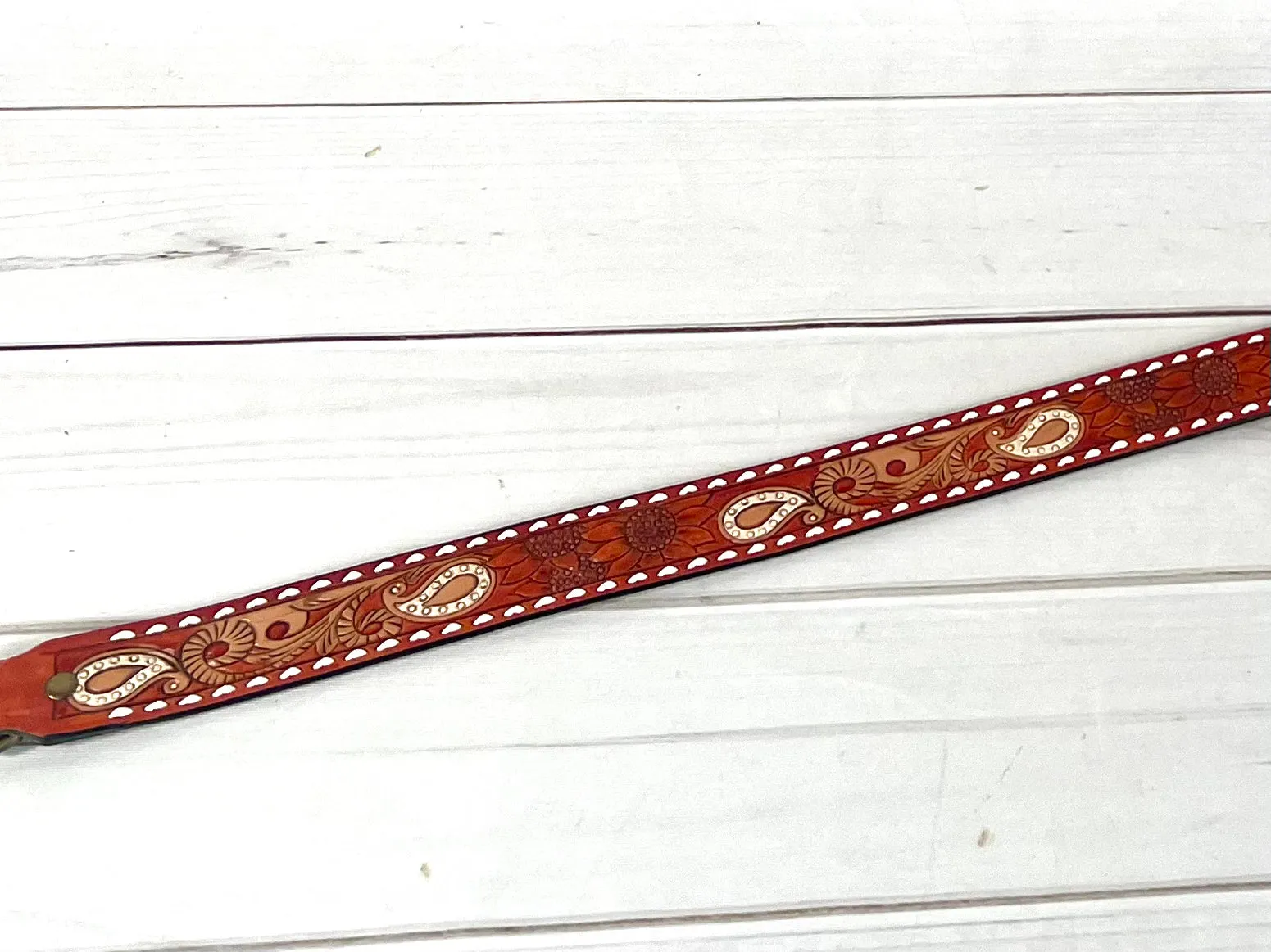 Rust Leather White Paisley Buckstitch Handbag Strap