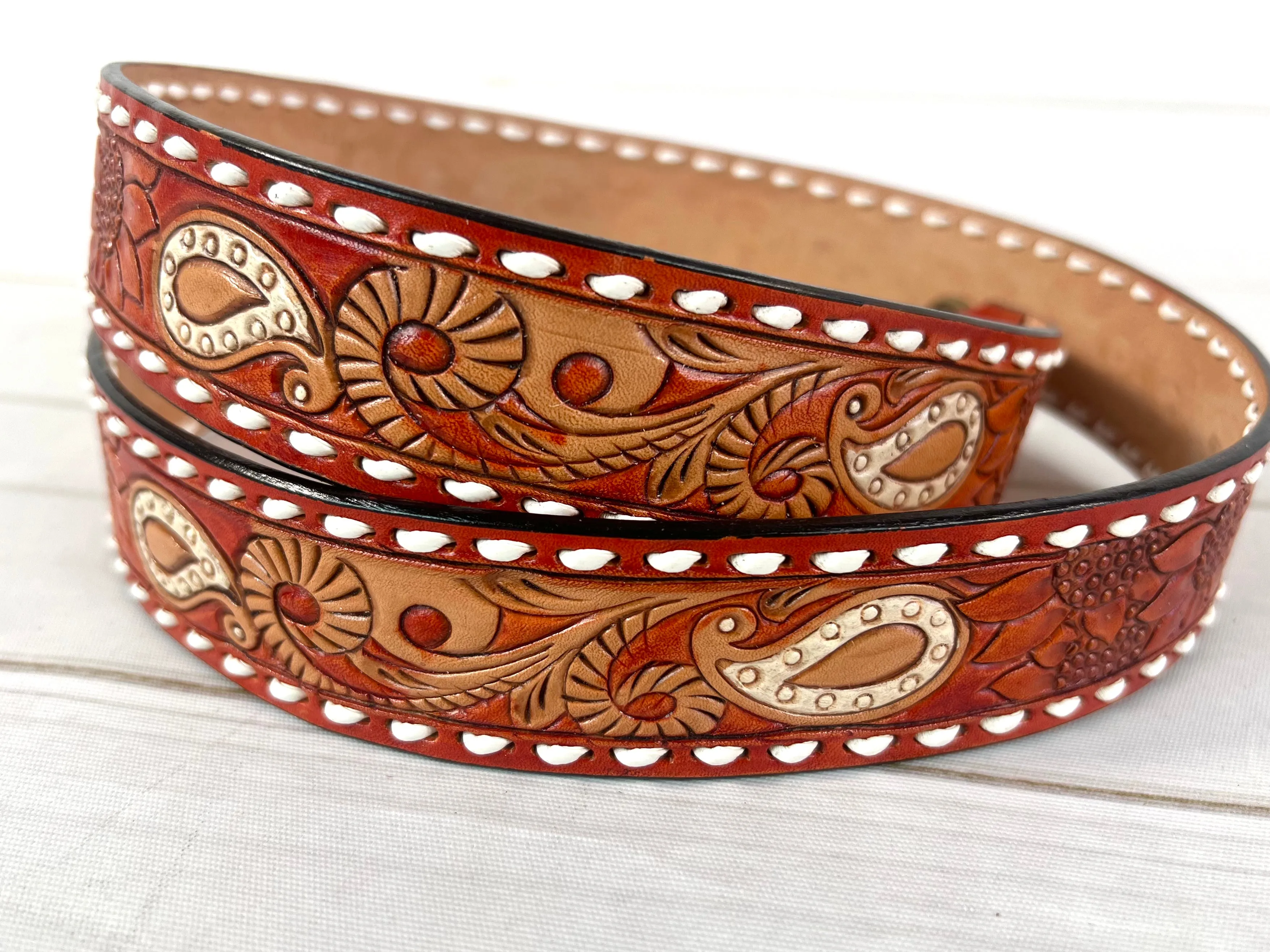 Rust Leather White Paisley Buckstitch Handbag Strap