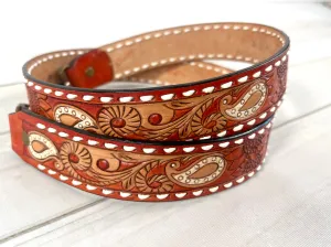 Rust Leather White Paisley Buckstitch Handbag Strap