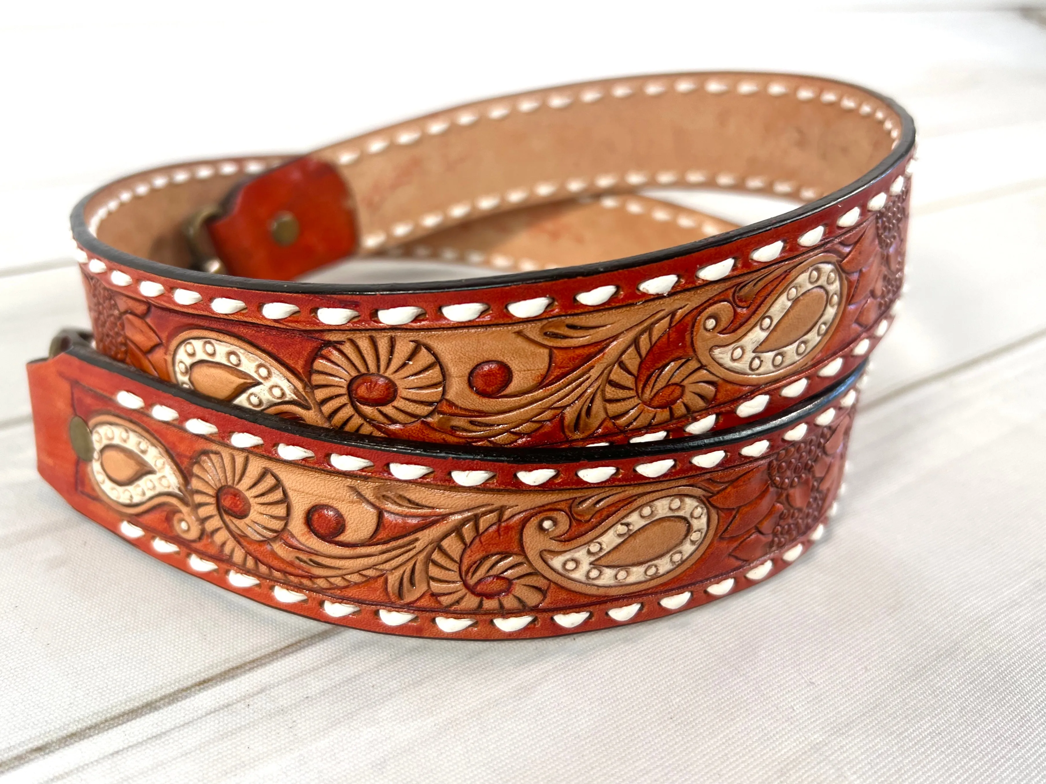Rust Leather White Paisley Buckstitch Handbag Strap