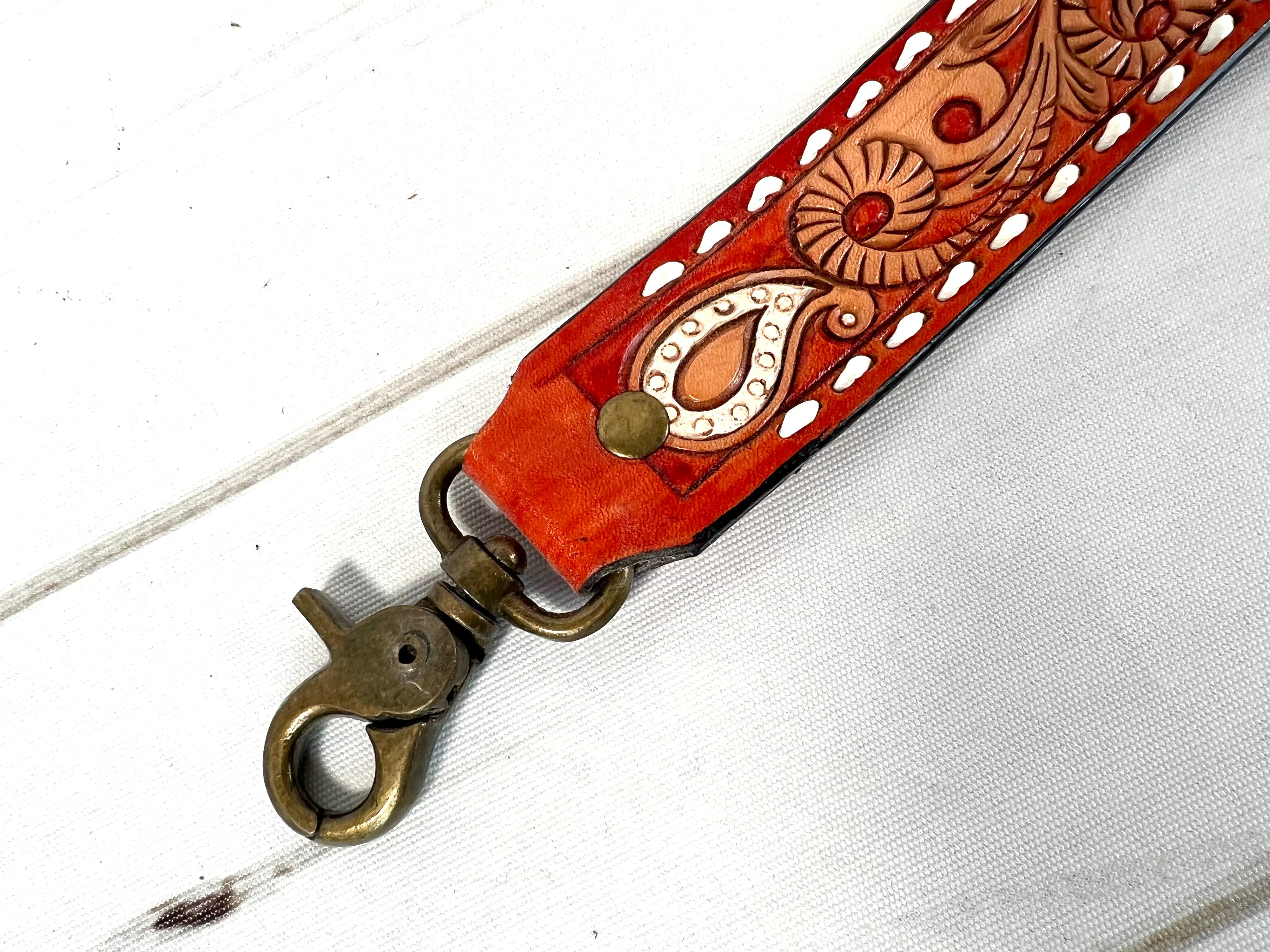 Rust Leather White Paisley Buckstitch Handbag Strap