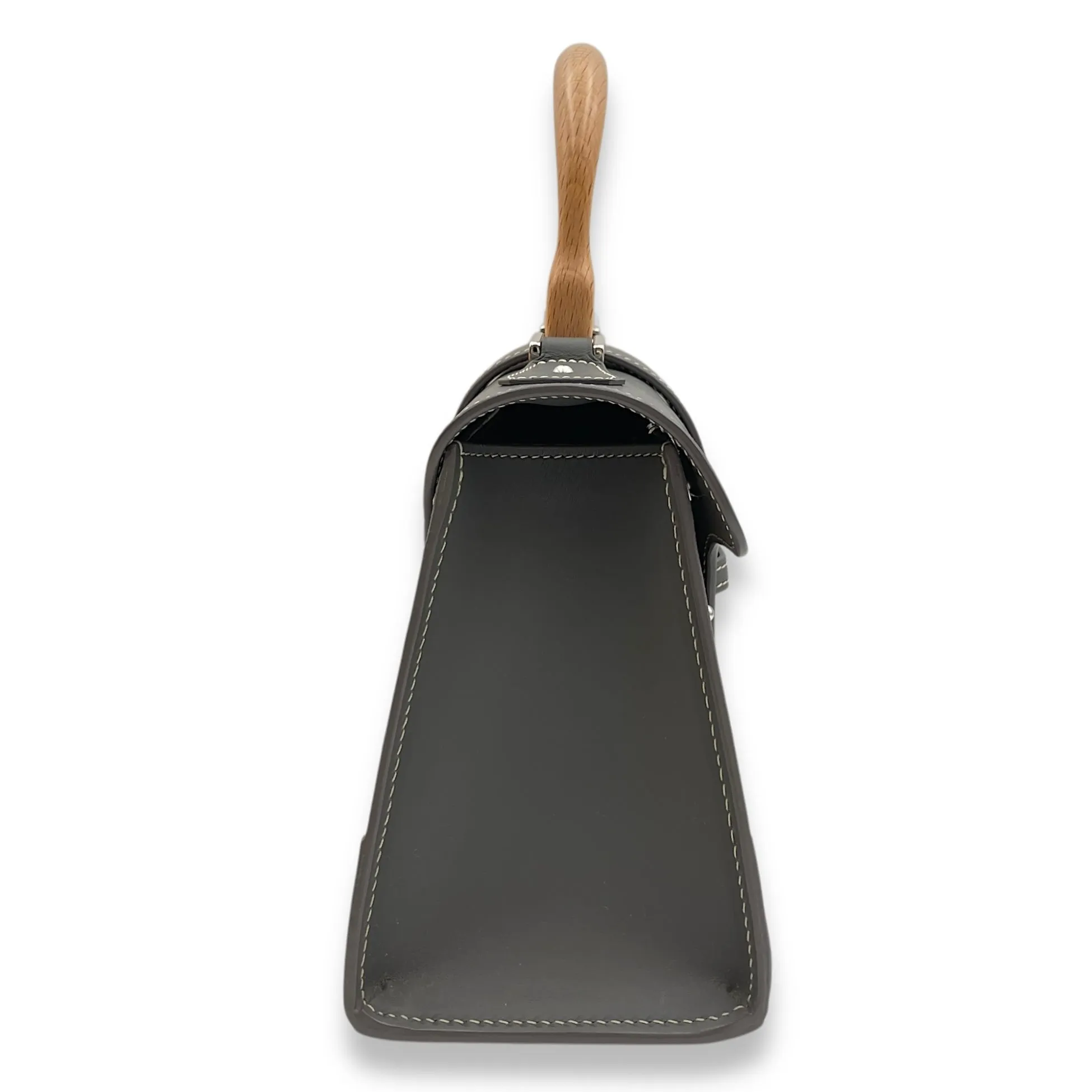 Saigon Structured Mini Grey Crossbody Bag in Goyardine canvas, beech handle, Silver hardware