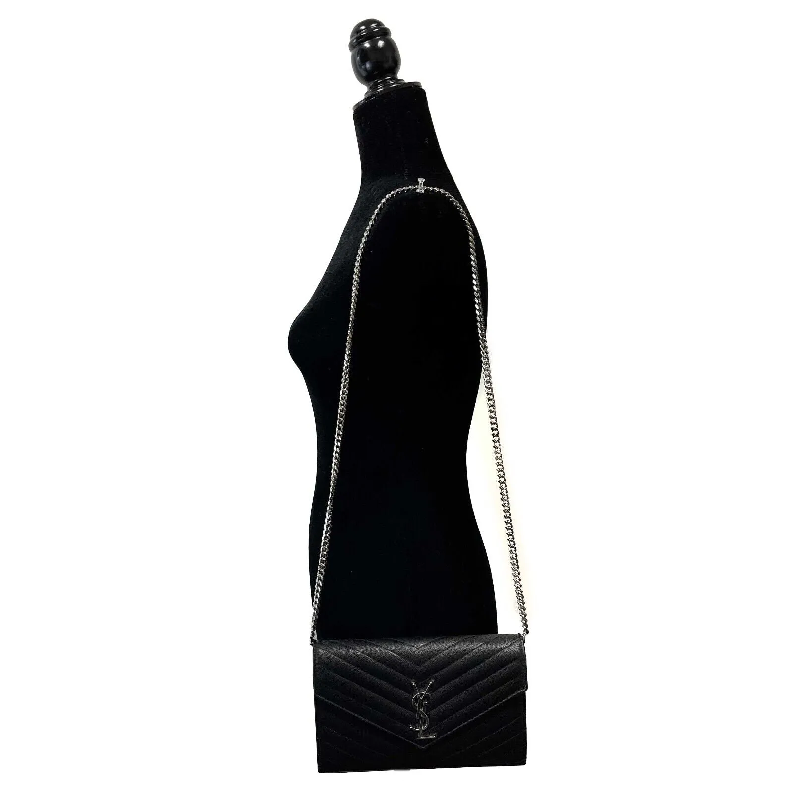 Saint Laurent Cassandre Matelassé Chain Wallet in Grain de Poudre Embossed