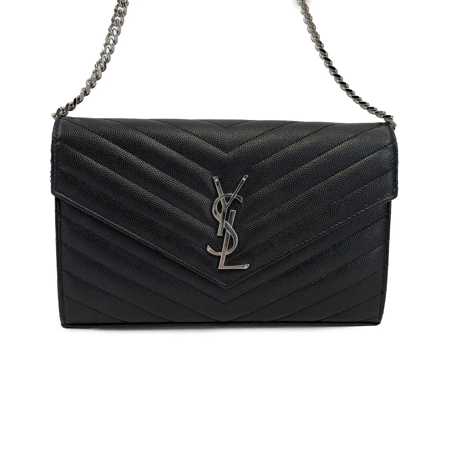 Saint Laurent Cassandre Matelassé Chain Wallet in Grain de Poudre Embossed