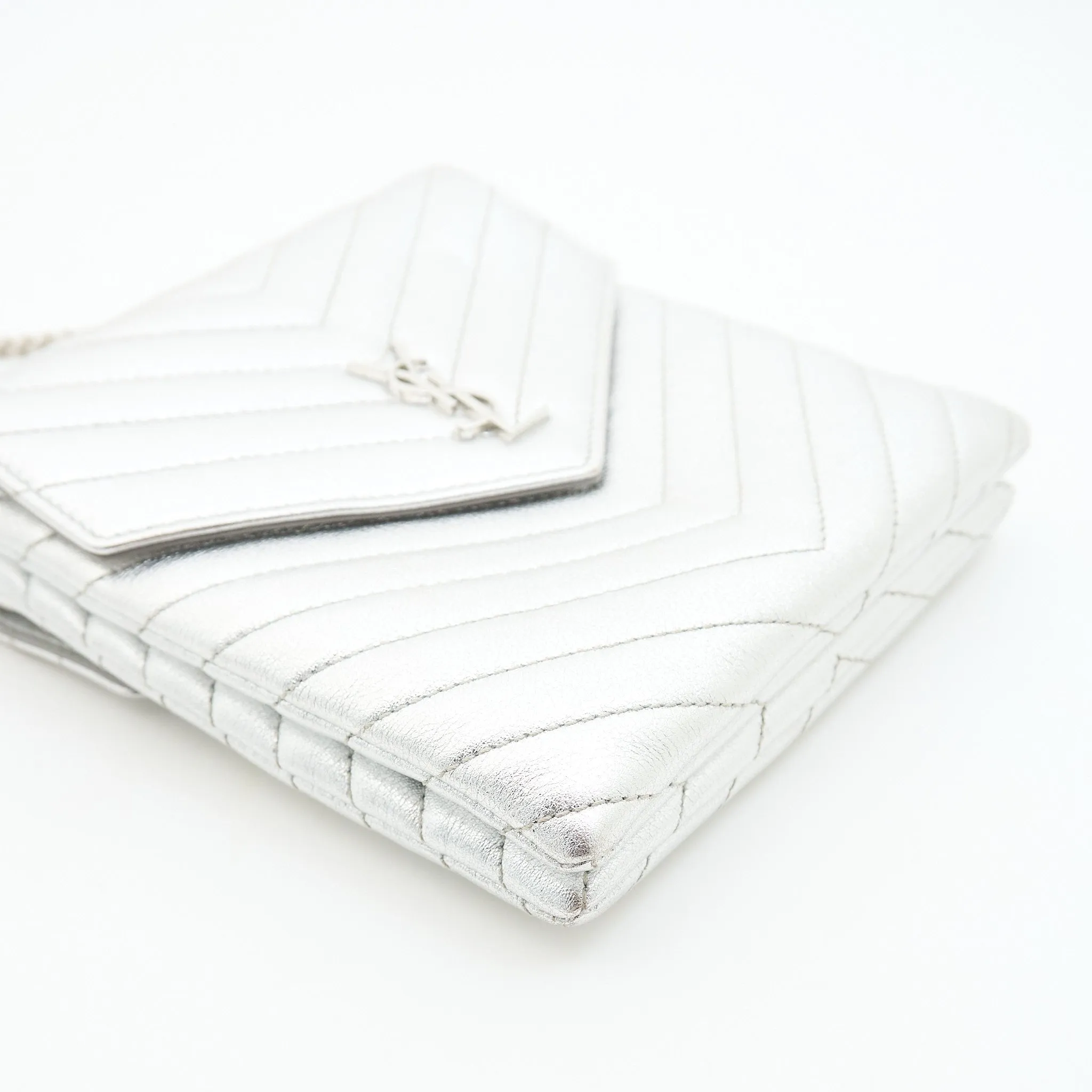 Saint Laurent Metallic Quilted Double Flap Bag Silver