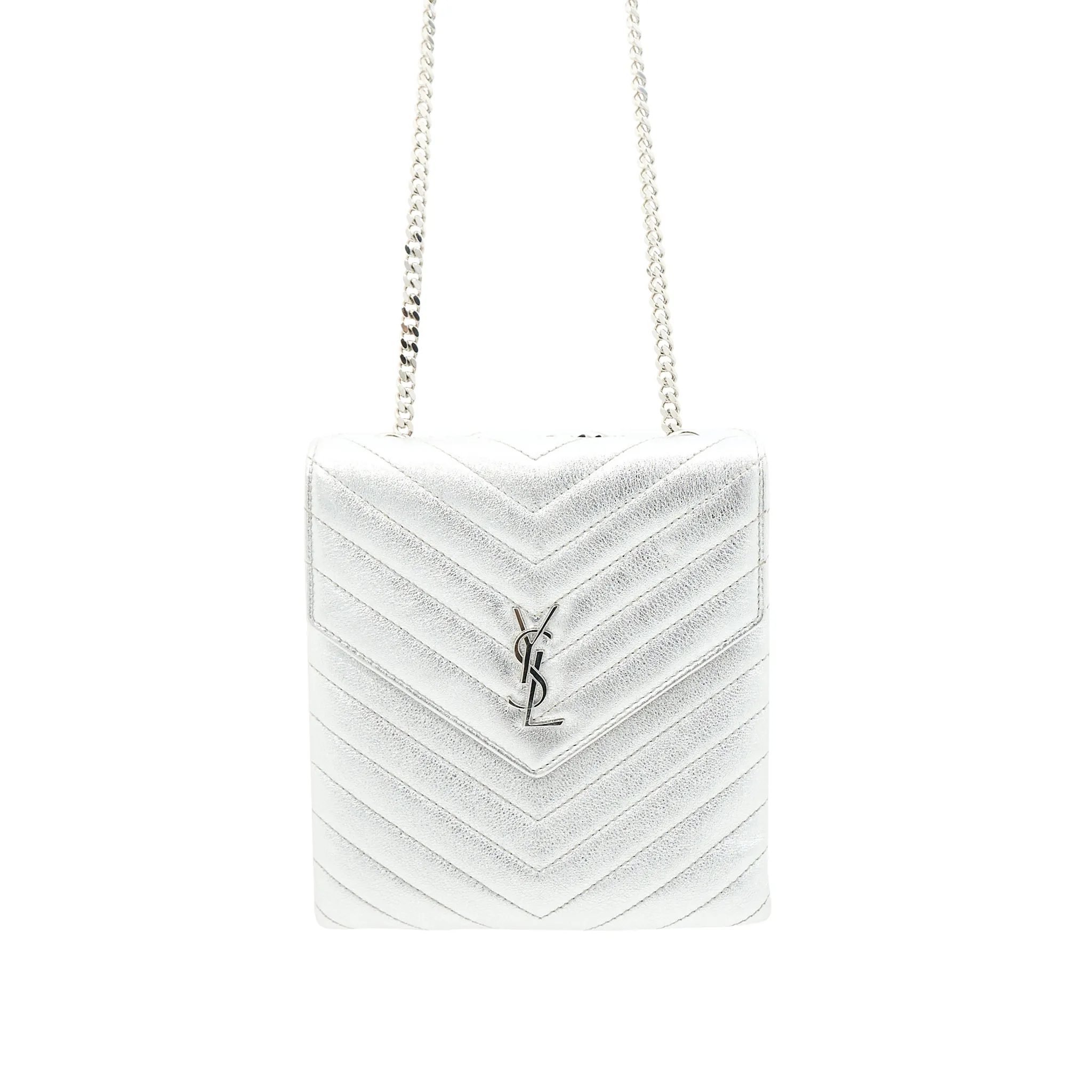 Saint Laurent Metallic Quilted Double Flap Bag Silver