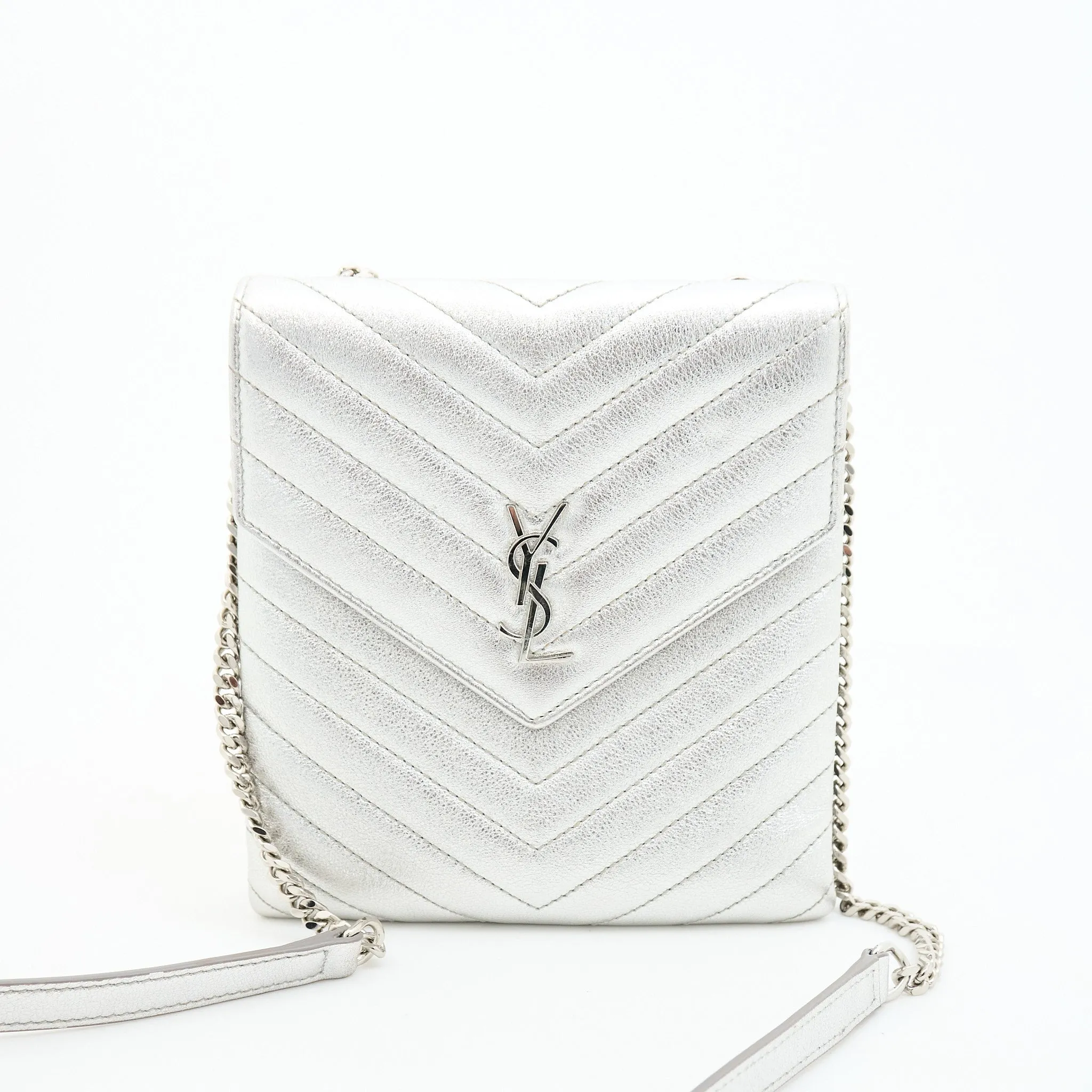 Saint Laurent Metallic Quilted Double Flap Bag Silver