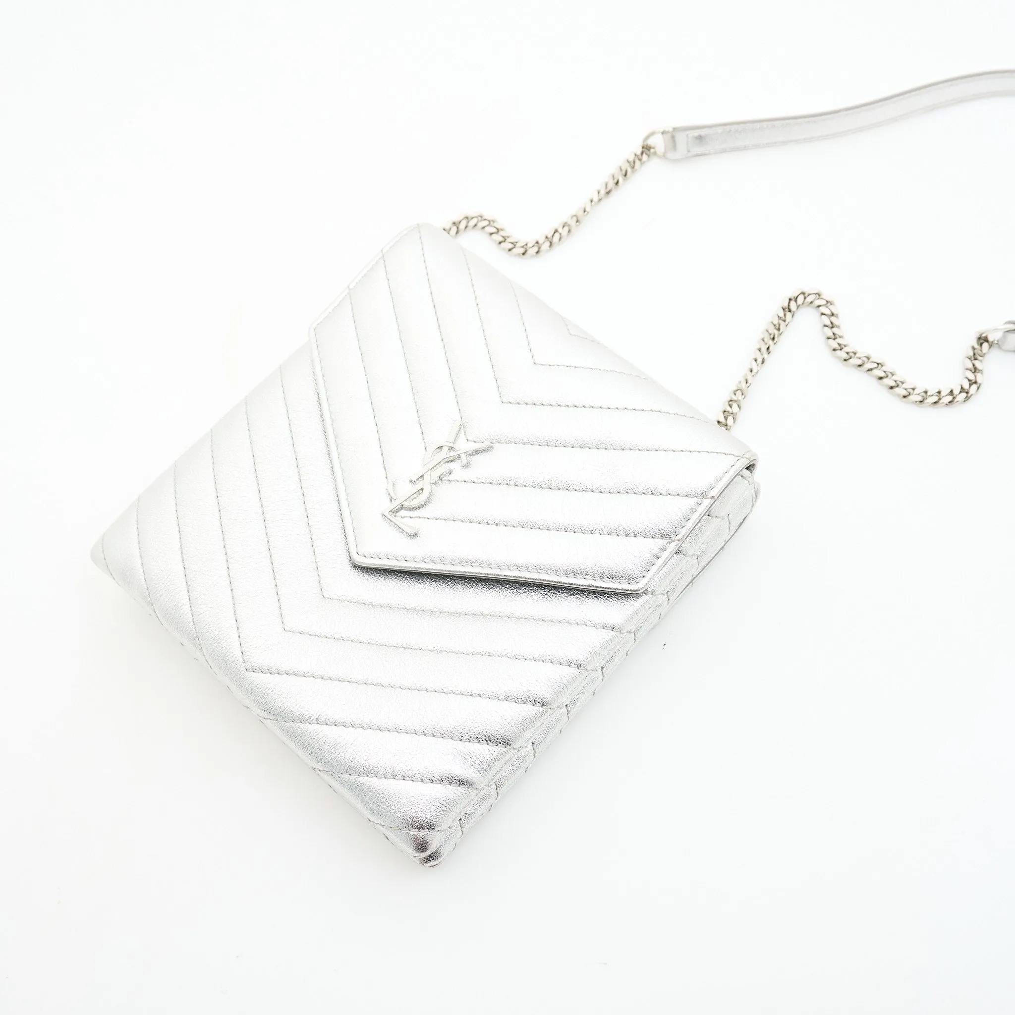 Saint Laurent Metallic Quilted Double Flap Bag Silver