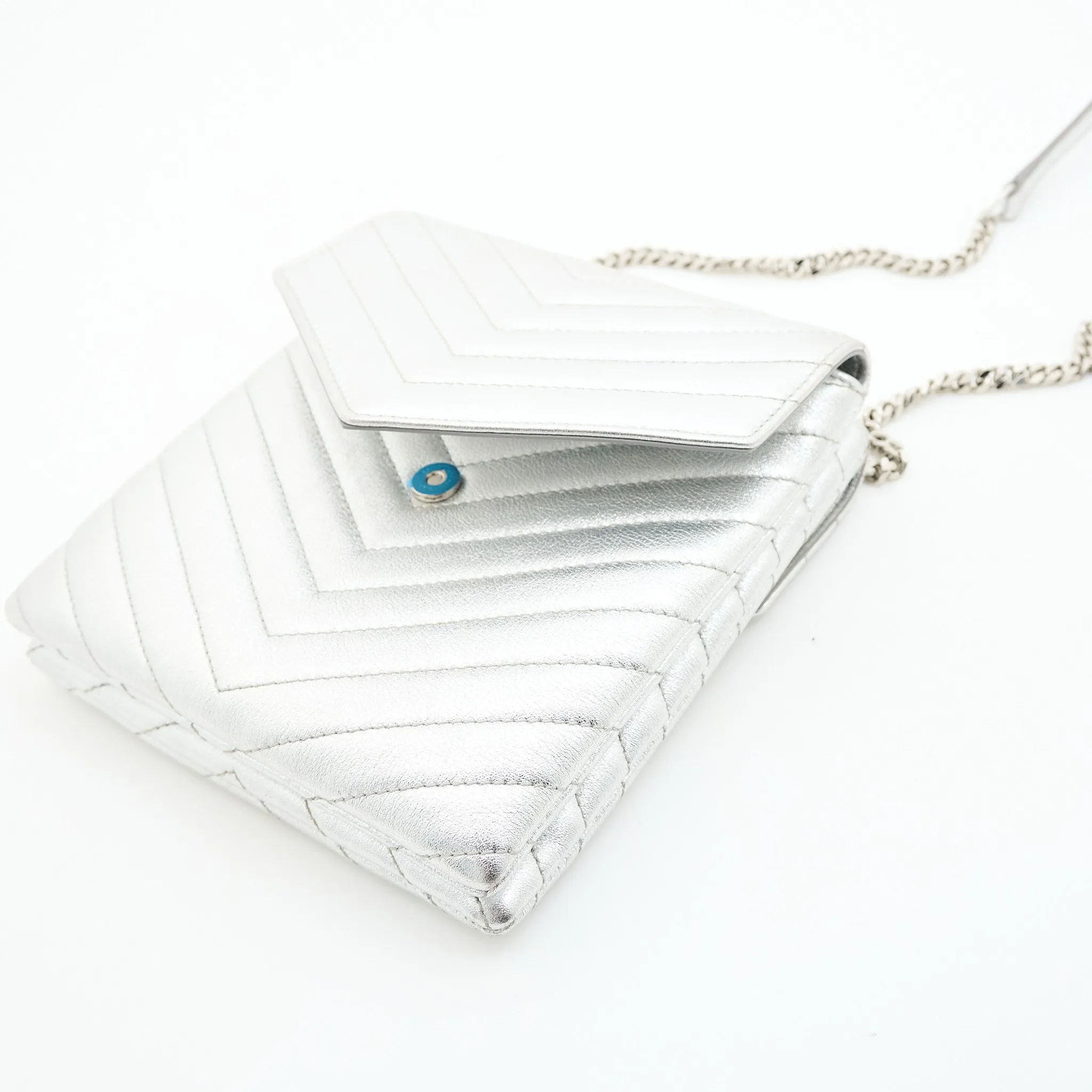 Saint Laurent Metallic Quilted Double Flap Bag Silver