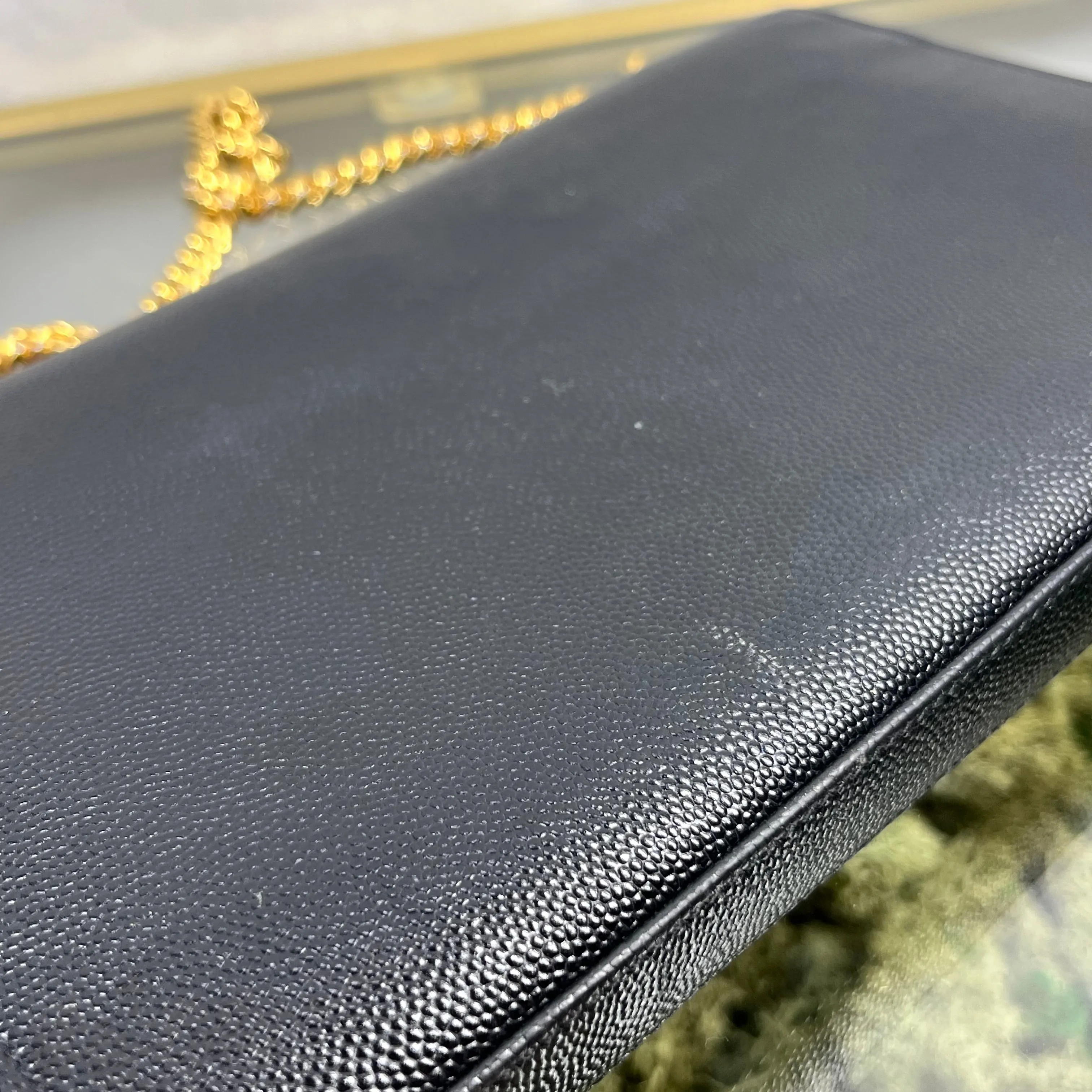 SAINT LAURENT Wallet on Chain Black Grain De Poudre Star Studded Monogram Crossbody
