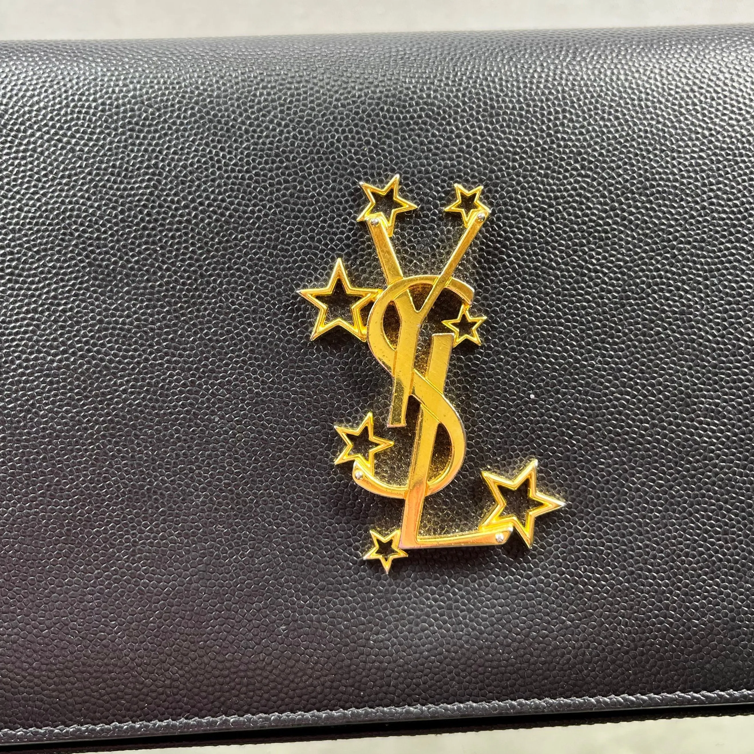 SAINT LAURENT Wallet on Chain Black Grain De Poudre Star Studded Monogram Crossbody