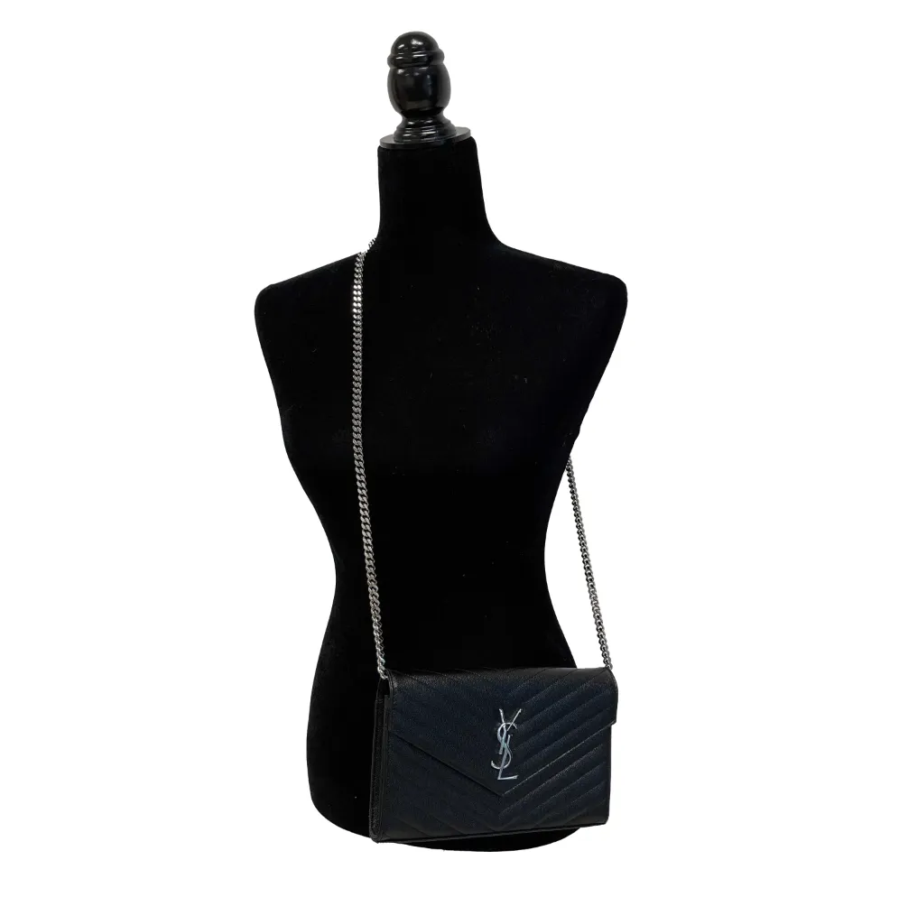 Saint Laurent - Wallet on Chain Matelasse Chevron Leather Medium Black Crossbody