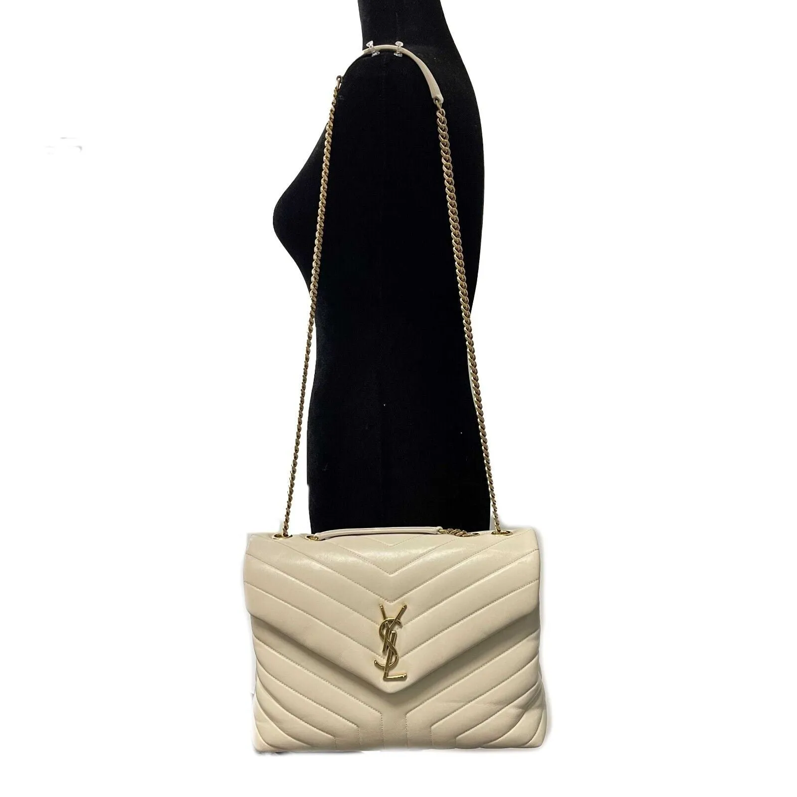 Saint Laurent - YSL Loulou Medium Chain - Calfskin Leather Beige Shoulder Bag