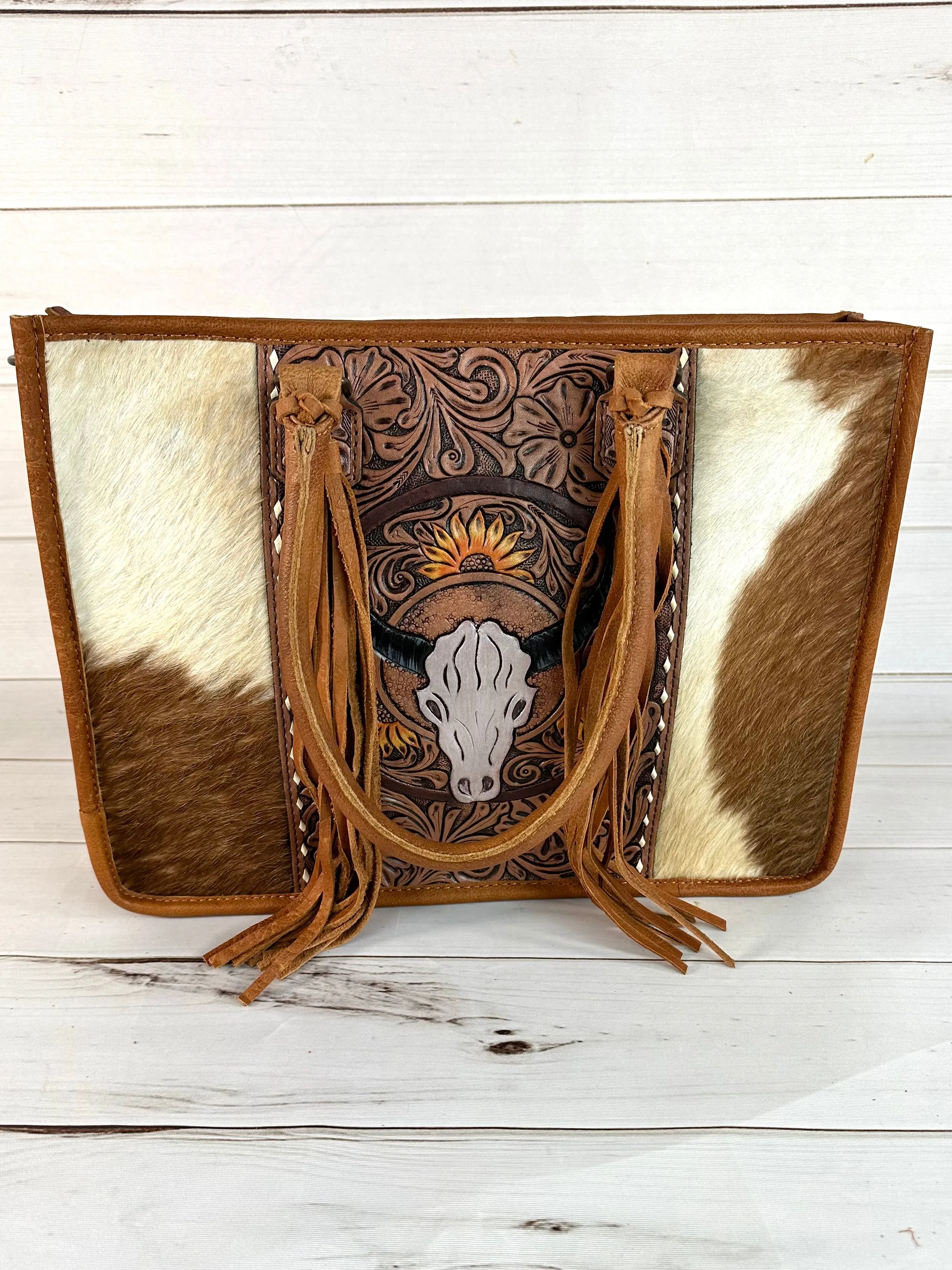 Sale!! Bull Head Sunflower Large Cowhide Tote