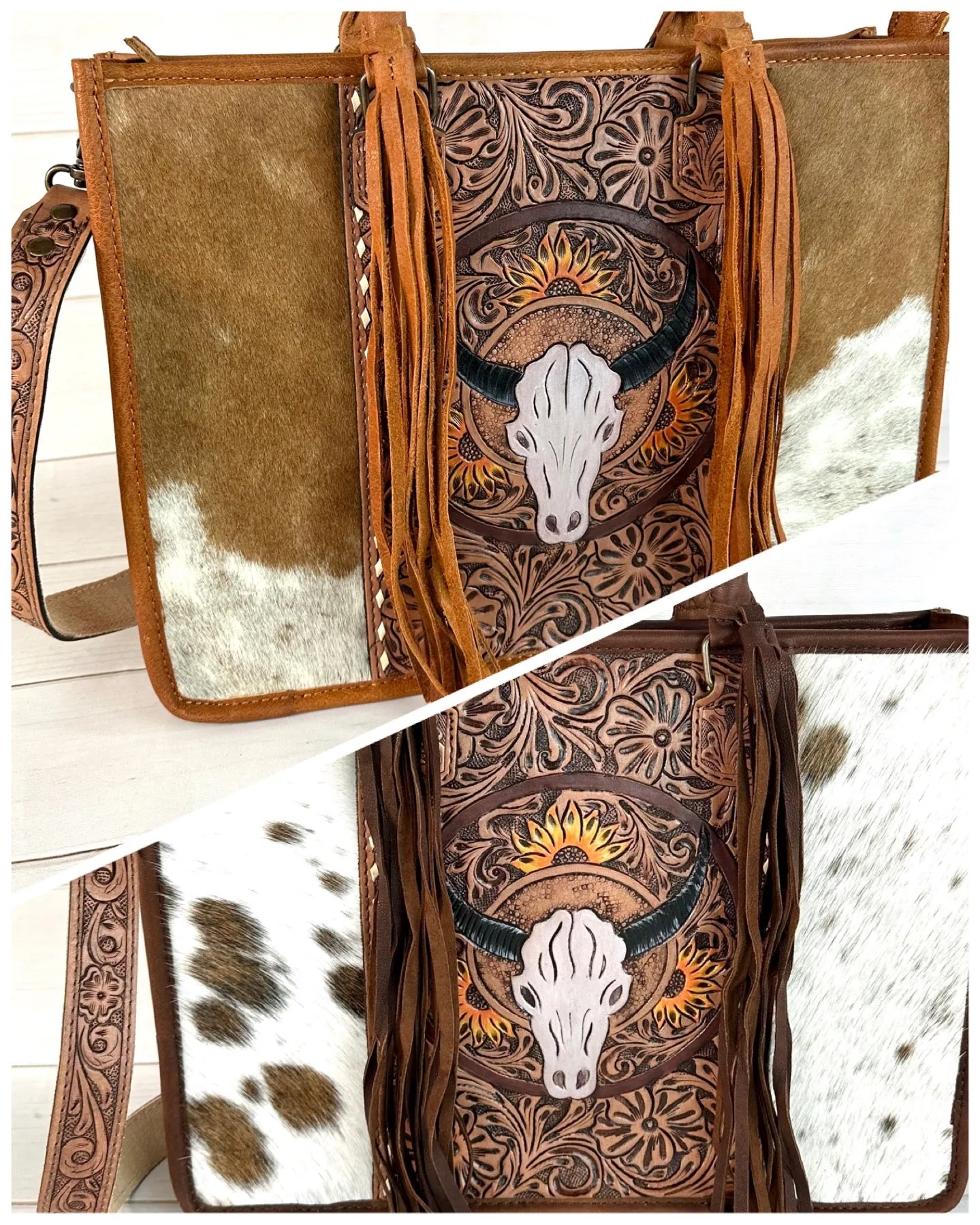 Sale!! Bull Head Sunflower Large Cowhide Tote