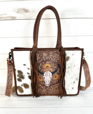 Sale!! Bull Head Sunflower Large Cowhide Tote