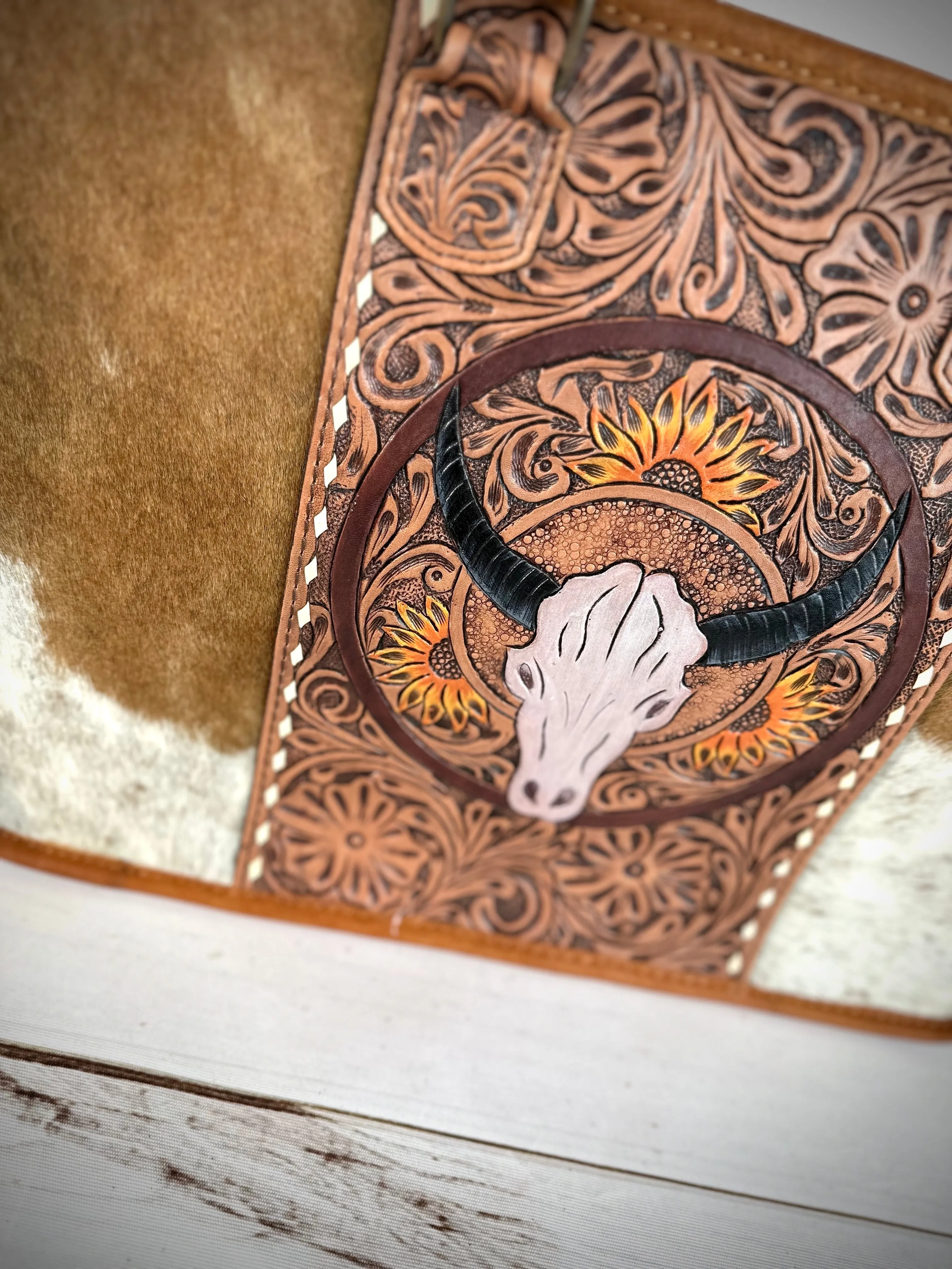 Sale!! Bull Head Sunflower Large Cowhide Tote