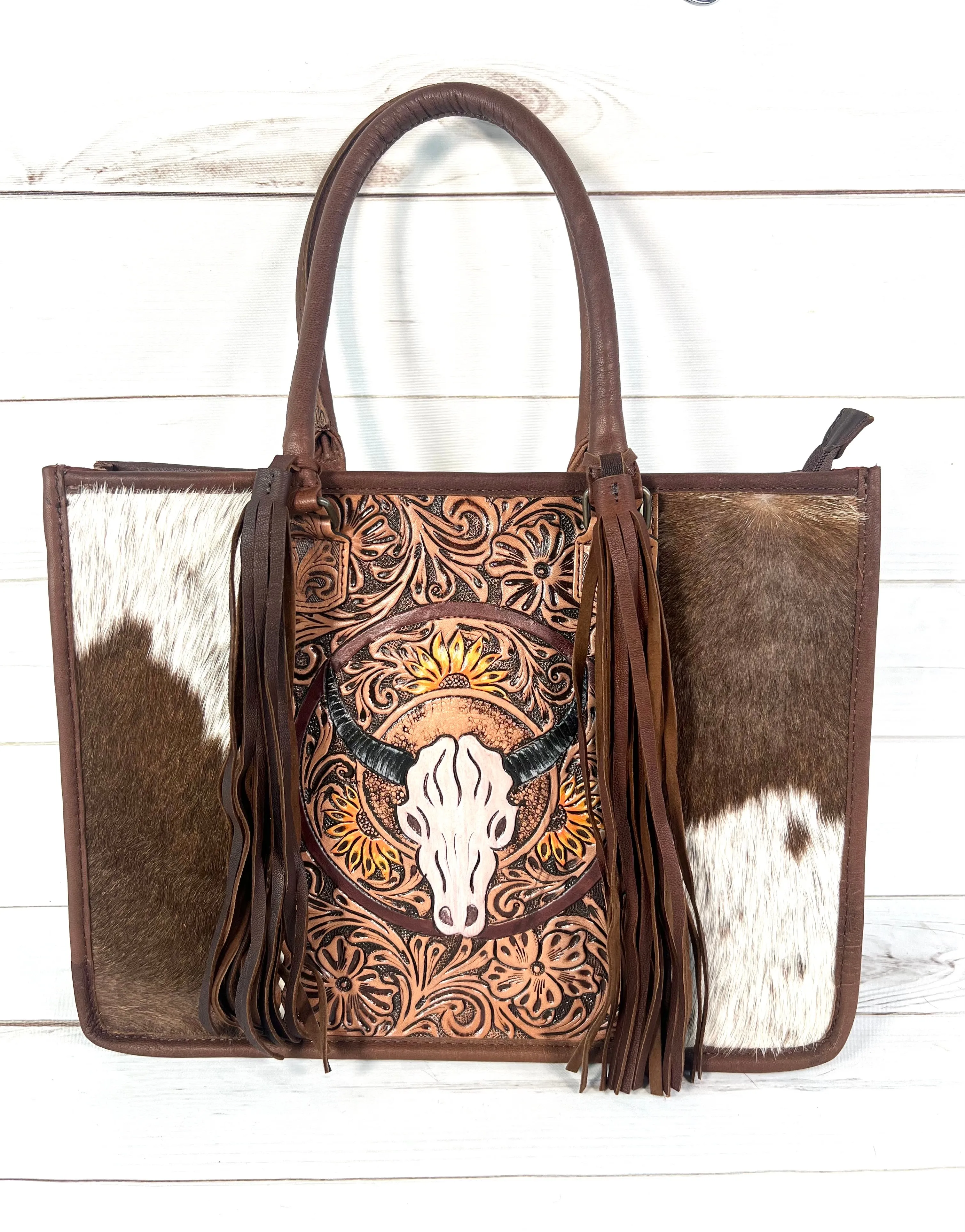 Sale!! Bull Head Sunflower Large Cowhide Tote