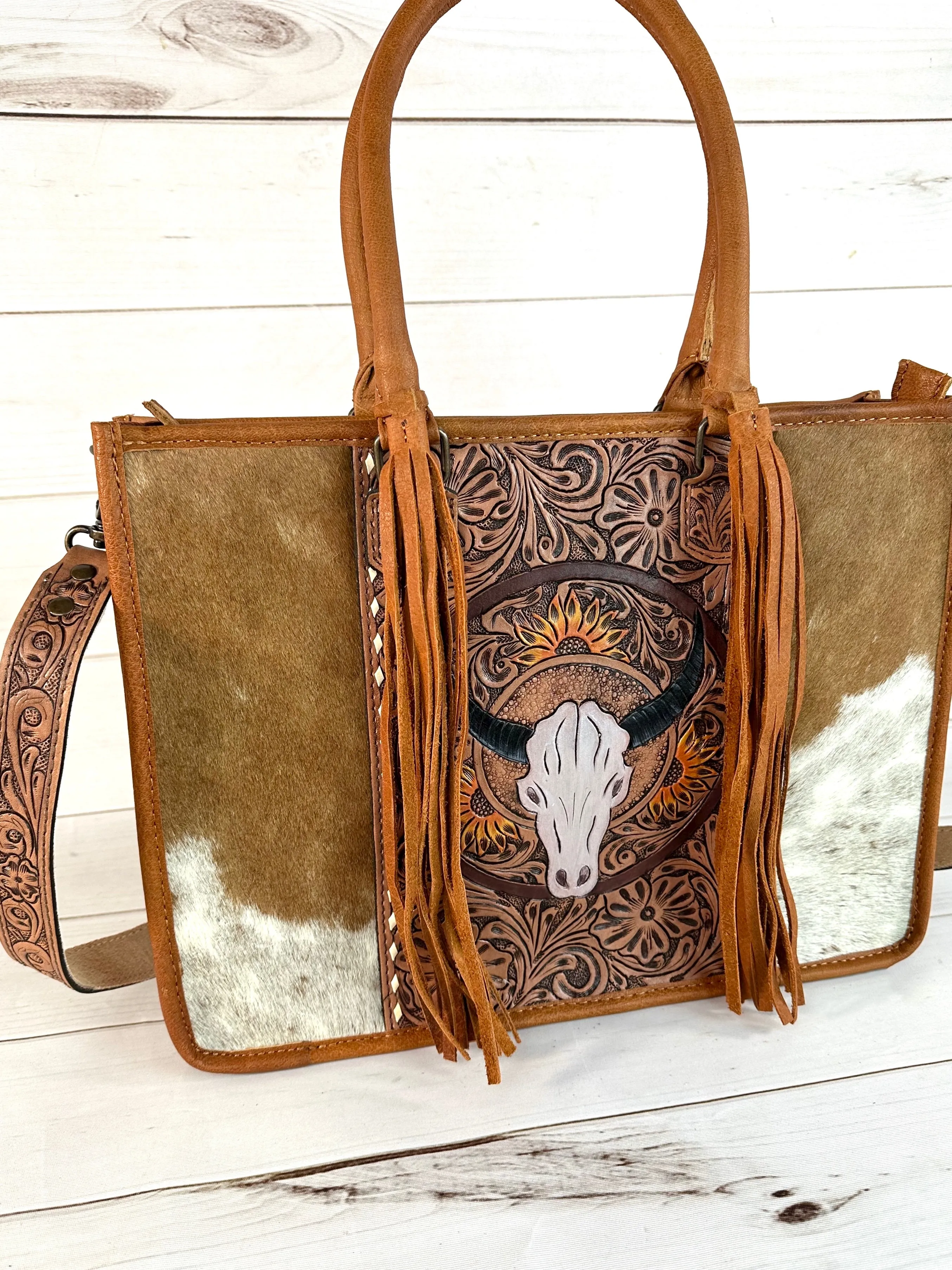 Sale!! Bull Head Sunflower Large Cowhide Tote